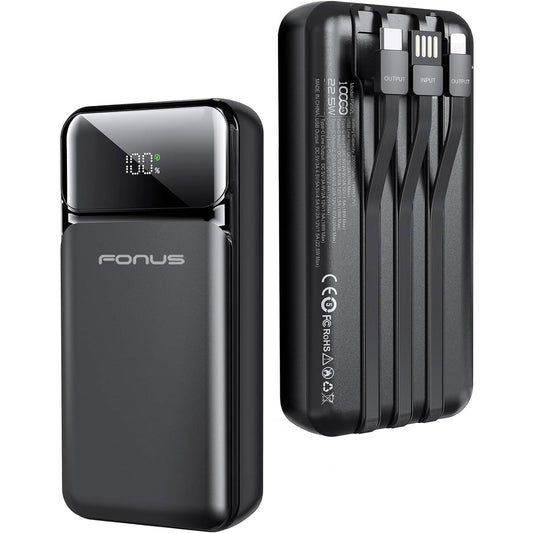 10000mAh Power Bank 22.5W PD Fast Charge Backup Battery Portable Charger Built-in Cable LED Display - ONG38 2037-1