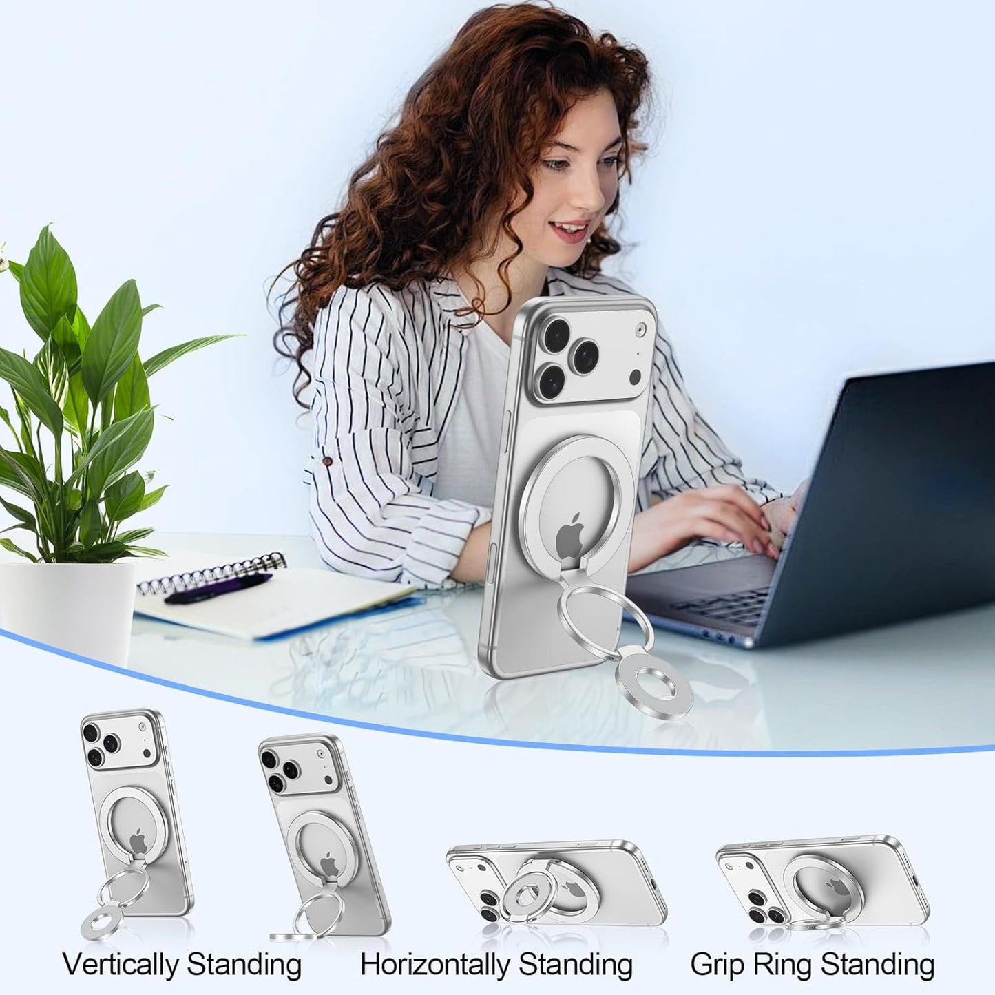 Metal Magnetic Ring Phone Holder Kickstand Folding Desk Stand Silver Color - ONXW220 2570-7