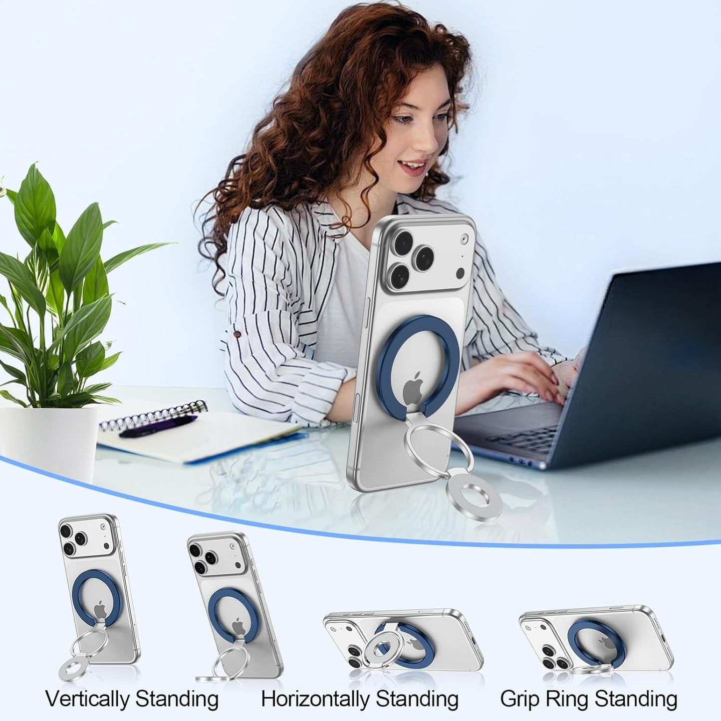 Metal Magnetic Ring Phone Holder Blue Kickstand Folding Desk Stand - ONXW218 2568-7