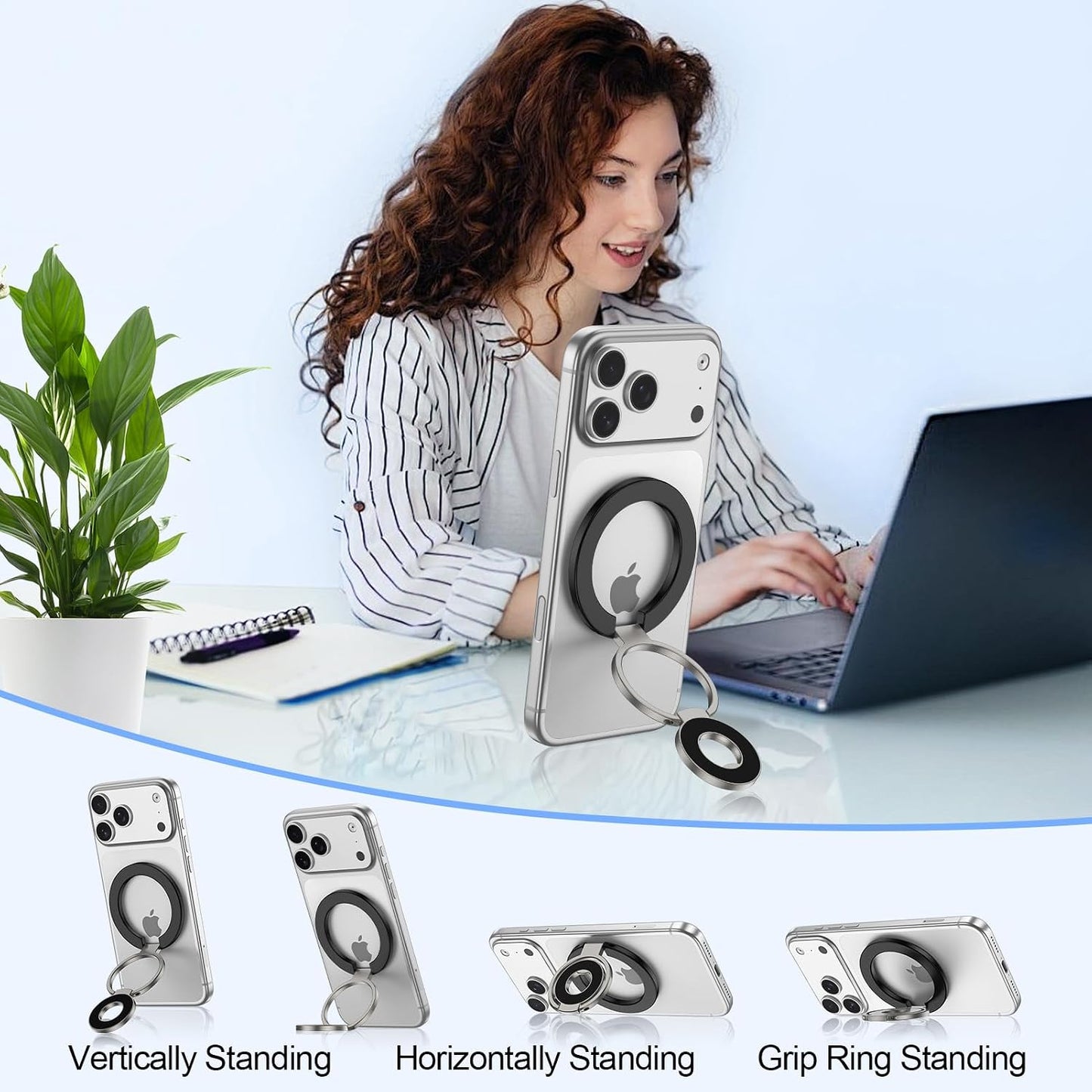 Metal Magnetic Ring Phone Holder Kickstand Folding Desk Stand Black - ONXW215 2565-7