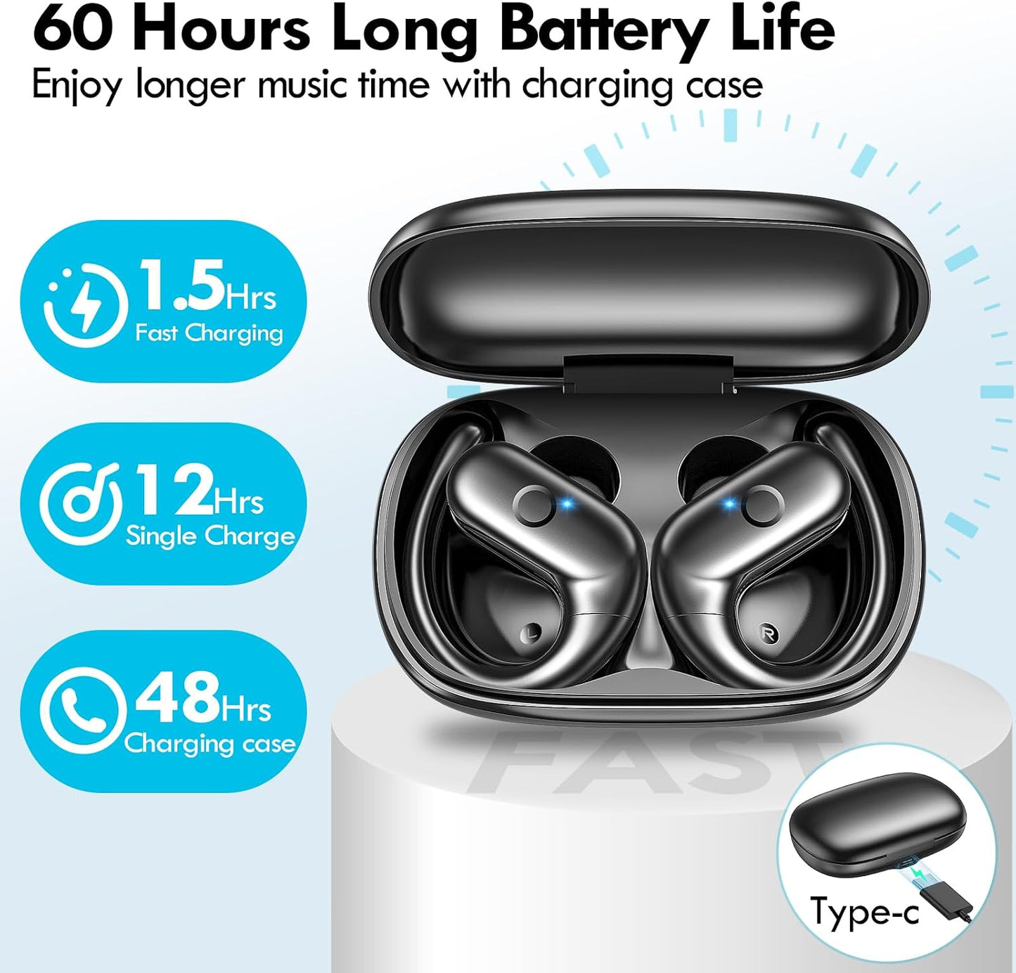 Wireless Ear-hook Earphones Bluetooth Earbuds Over the Ear Headphones True Stereo Charging Case Hands-free Mic - ONXW142 2491-8