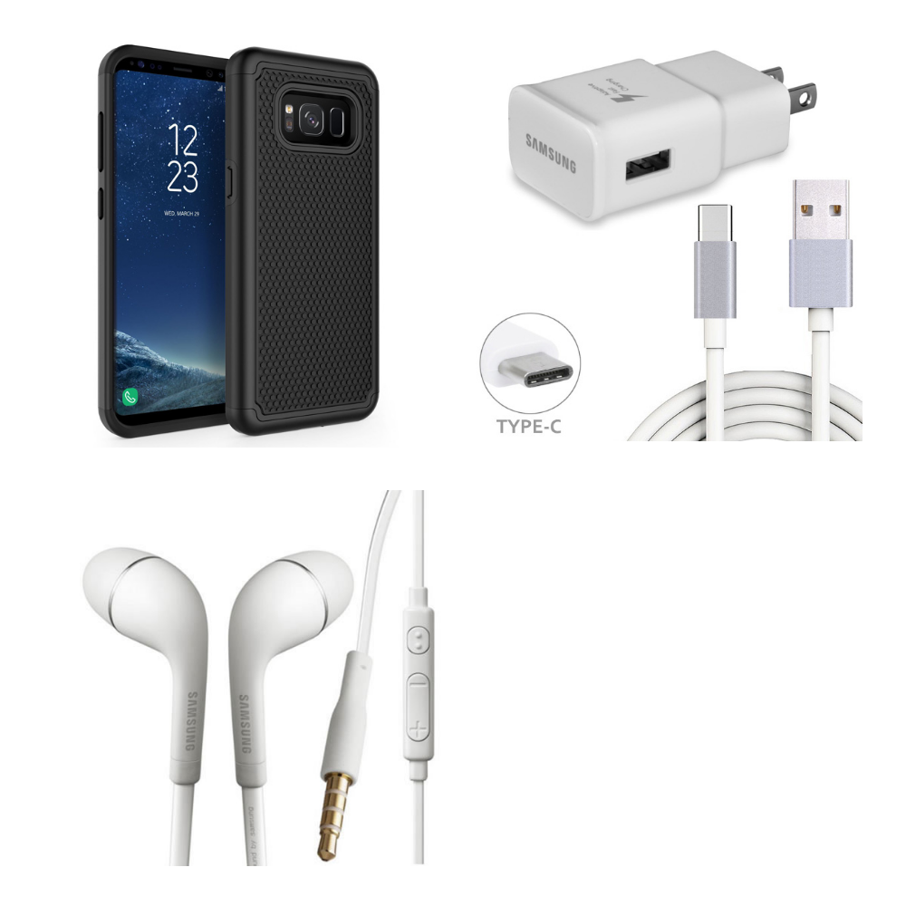 Black Drop Protection Shockproof Hybrid Dual Layer Armor Defender Protective Case Cover + Samsung Adaptive Fast Charger with 6ft Long Type-C Cable + Samsung Galaxy S4 OEM Handsfree Headset 3.5mm with Volume Control