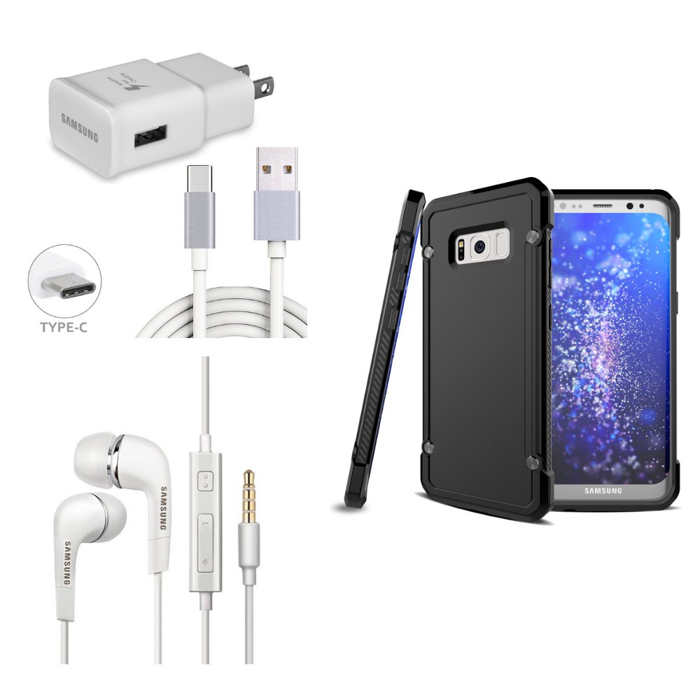 Black Drop Protection Shockproof Hybrid Dual Layer Armor Defender Protective Case Cover + Samsung Adaptive Fast Charger with 6ft Long Type-C Cable + Samsung OEM Handsfree Headset 3.5mm with Volume Control