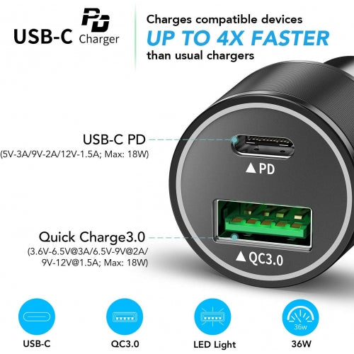 Quick Car Charger 36W 2-Port USB Type-C PD Power Adapter