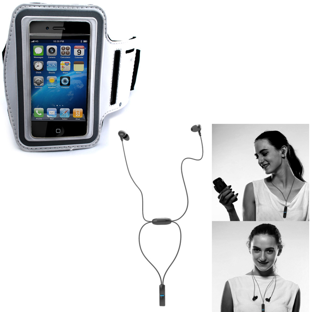 White Premium Gym Exercise Jogging Sports Armband Cover Case + Hi-Fi Sports Wireless Headset