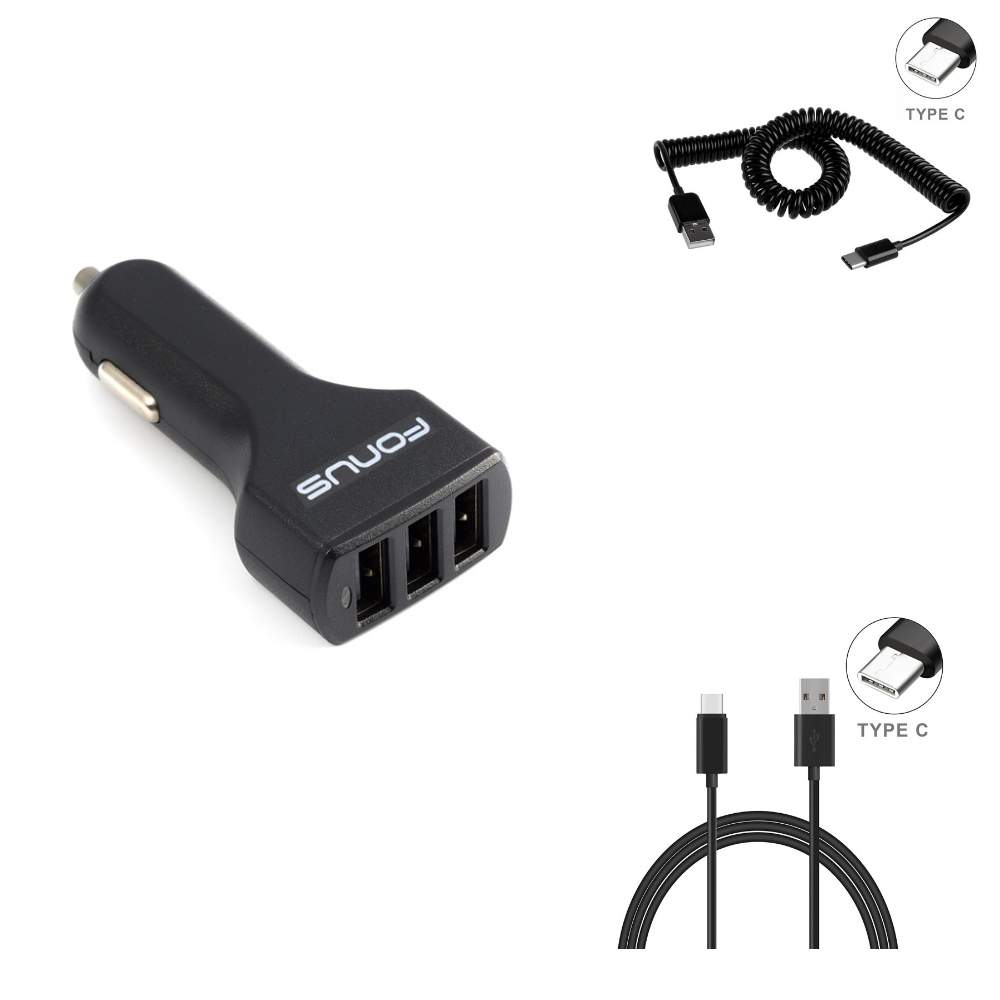 36W 4.8Amp 3-Port USB Rapid Car Charger Power Adapter with Smart Detect + BLACK Premium Coiled Type-C Cable Data Sync Wire + Black 6ft Type-C USB Data Cable w Turbo Charging Support