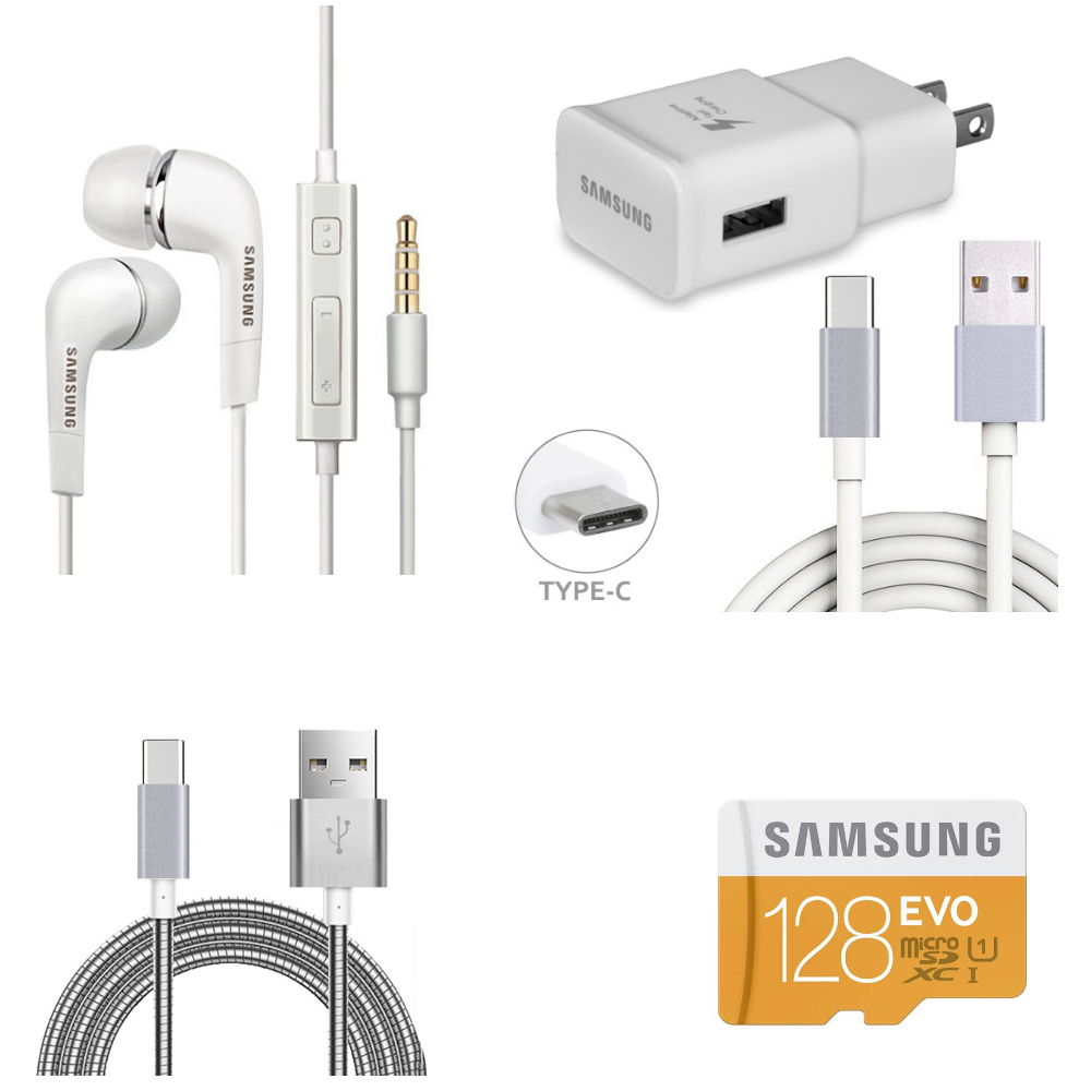Samsung OEM Handsfree Headset 3.5mm with Volume Control + Samsung Adaptive Fast Charger with 6ft Long Type-C Cable + Samsung 128GB High Speed MicroSDHC Memory Card + Silver 3ft Metal Braided TYPE-C Cable