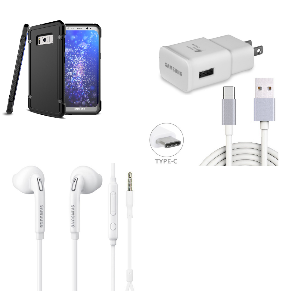 Black Drop Protection Shockproof Hybrid Dual Layer Armor Defender Protective Case Cover + Samsung Adaptive Fast Charger with 6ft Long Type-C Cable + Samsung Galaxy S6 OEM Handsfree Headset 3.5mm with Volume Control