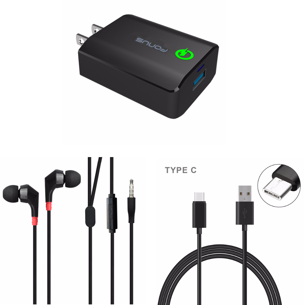 18W Adaptive Fast USB Home Charger Qualcomm Quick Charge 3.0 + Premium Sound Quality Flat Cable Headset with Microphone + Black 6ft Type-C USB Data Cable