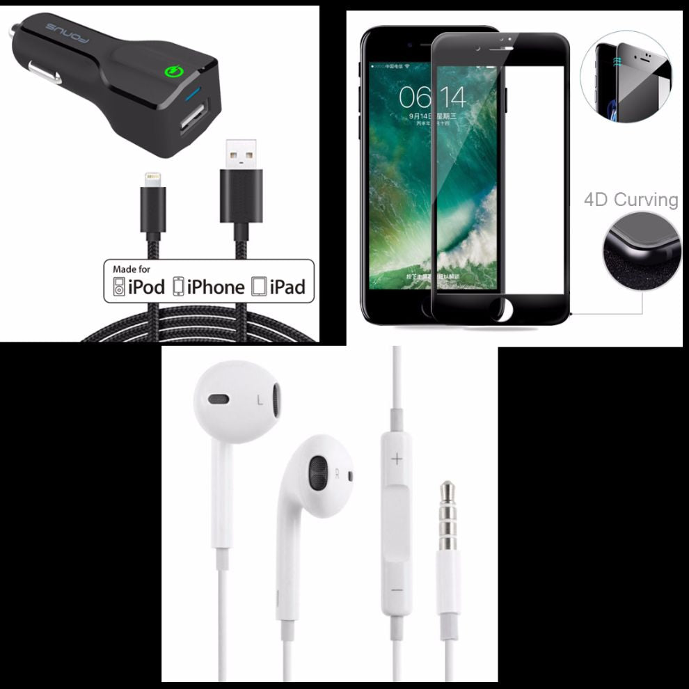 24W Adaptive Fast USB Car Charger Quick Charge 3.0 6ft Long MFI Lightning Cable + iPhone 6/7 4D Full Cover Tempered Glass Screen Protector + Authentic Apple Earpods