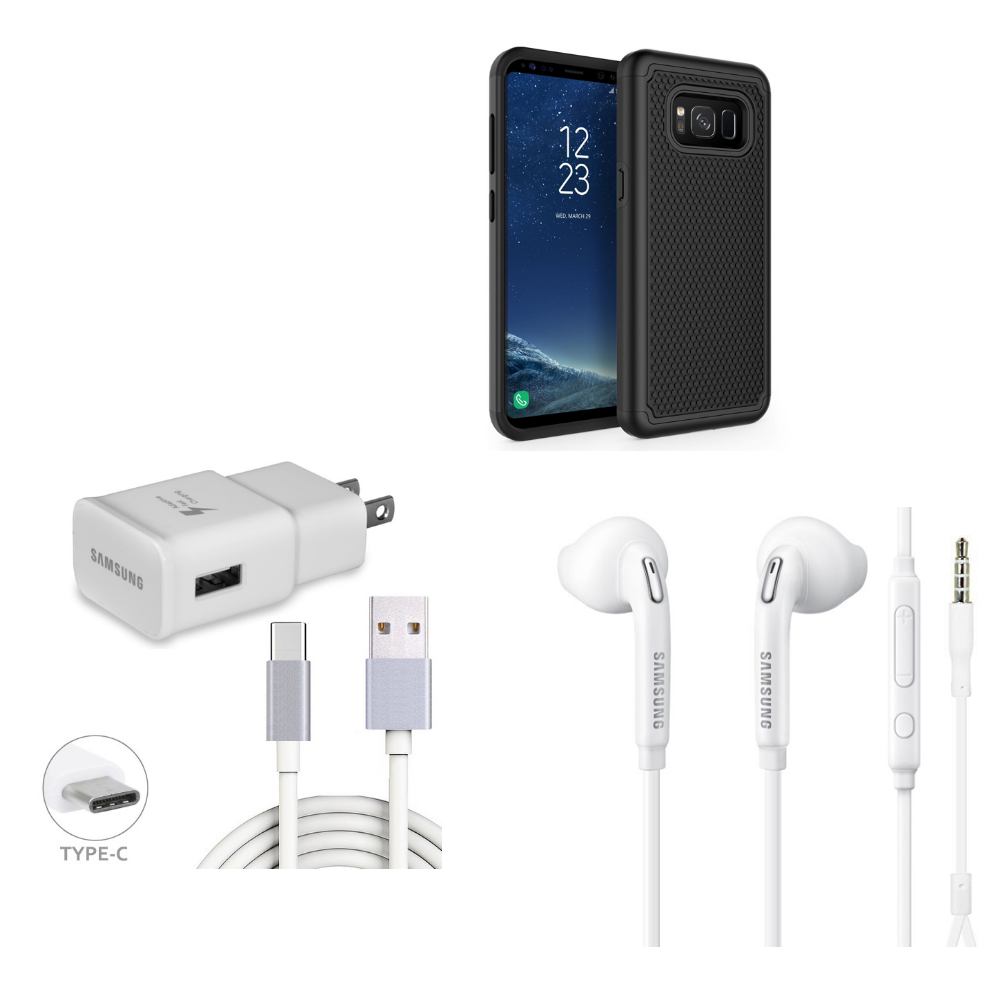Black Drop Protection Shockproof Hybrid Dual Layer Armor Defender Protective Case Cover + Samsung Adaptive Fast Charger with 6ft Long Type-C Cable + Samsung Galaxy S6 OEM Handsfree Headset 3.5mm with Volume Control