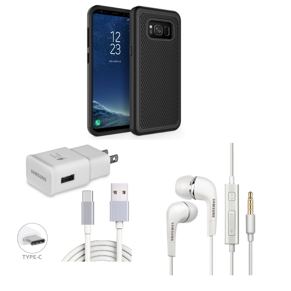 Black Drop Protection Shockproof Hybrid Dual Layer Armor Defender Protective Case Cover + Samsung Adaptive Fast Charger with 6ft Long Type-C Cable + Samsung OEM Handsfree Headset 3.5mm with Volume Control