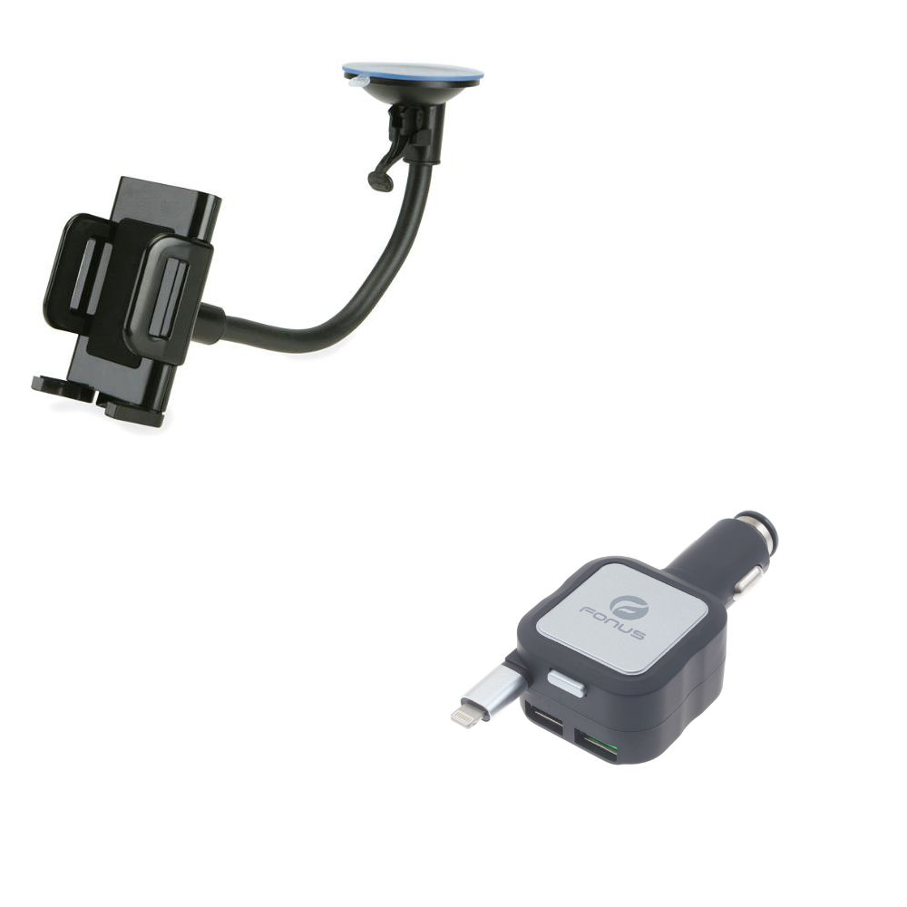 Car Holder with Pouch + Fonus Retractable Car Charger with TWO USB PORTS