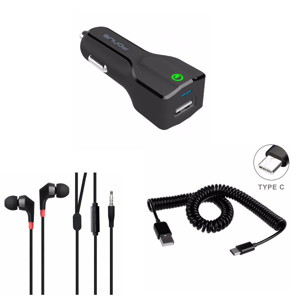 24W Adaptive Fast USB Car Charger Qualcomm Quick Charge 3.0 + Premium Sound Quality Flat Cable Headset with Microphone + BLACK Premium Coiled Type-C Cable Data Sync Wire