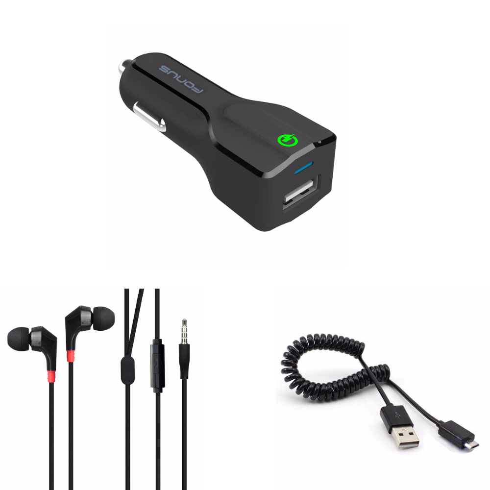 24W Adaptive Fast USB Car Charger Qualcomm Quick Charge 3.0 + BLACK Premium Coiled Micro USB Cable Data Sync Wire + Premium Sound Quality Flat Cable Headset with Microphone