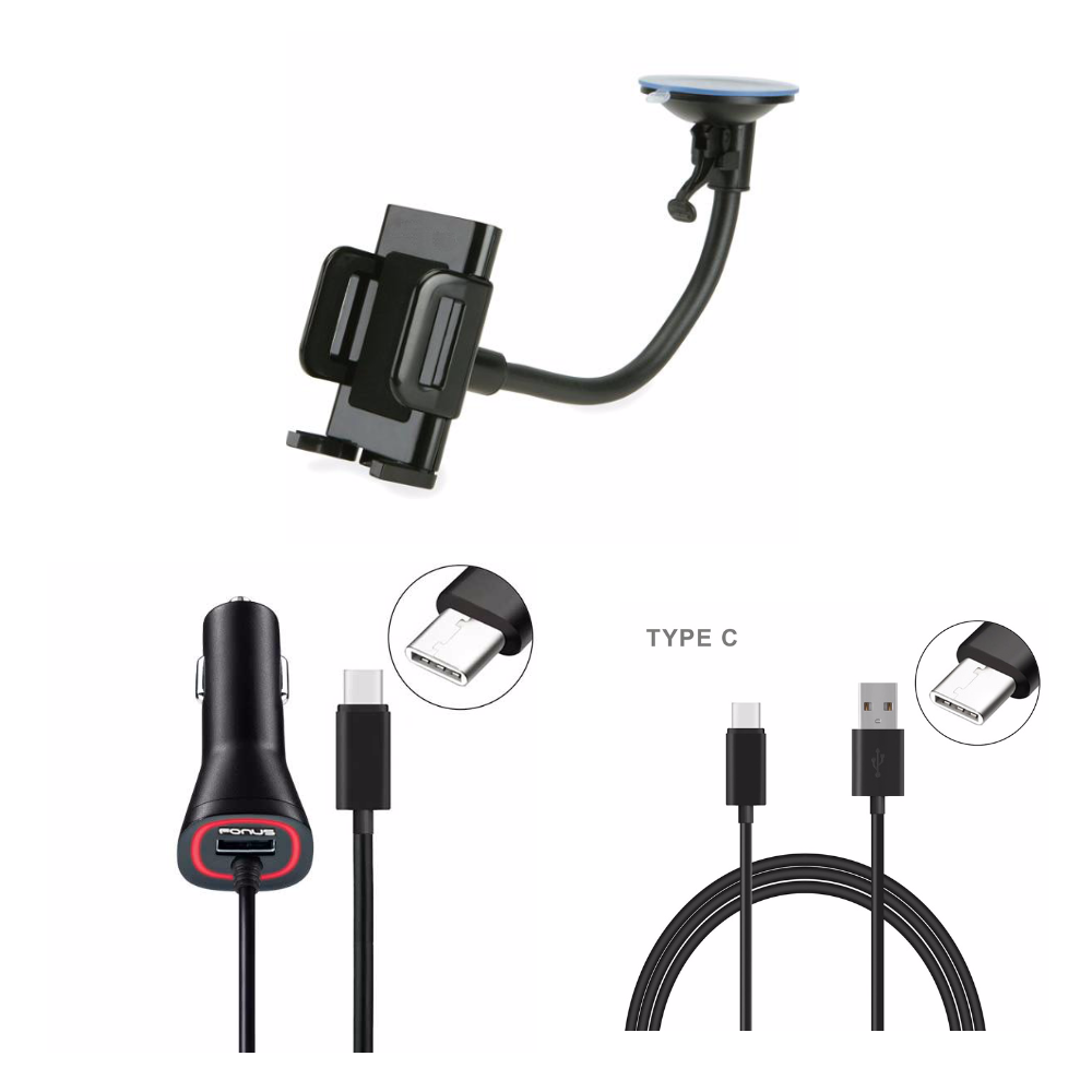 Car Holder with Pouch + 3.1Amp TYPE-C Rapid Car Charger + Black 6ft Type-C USB Data Cable