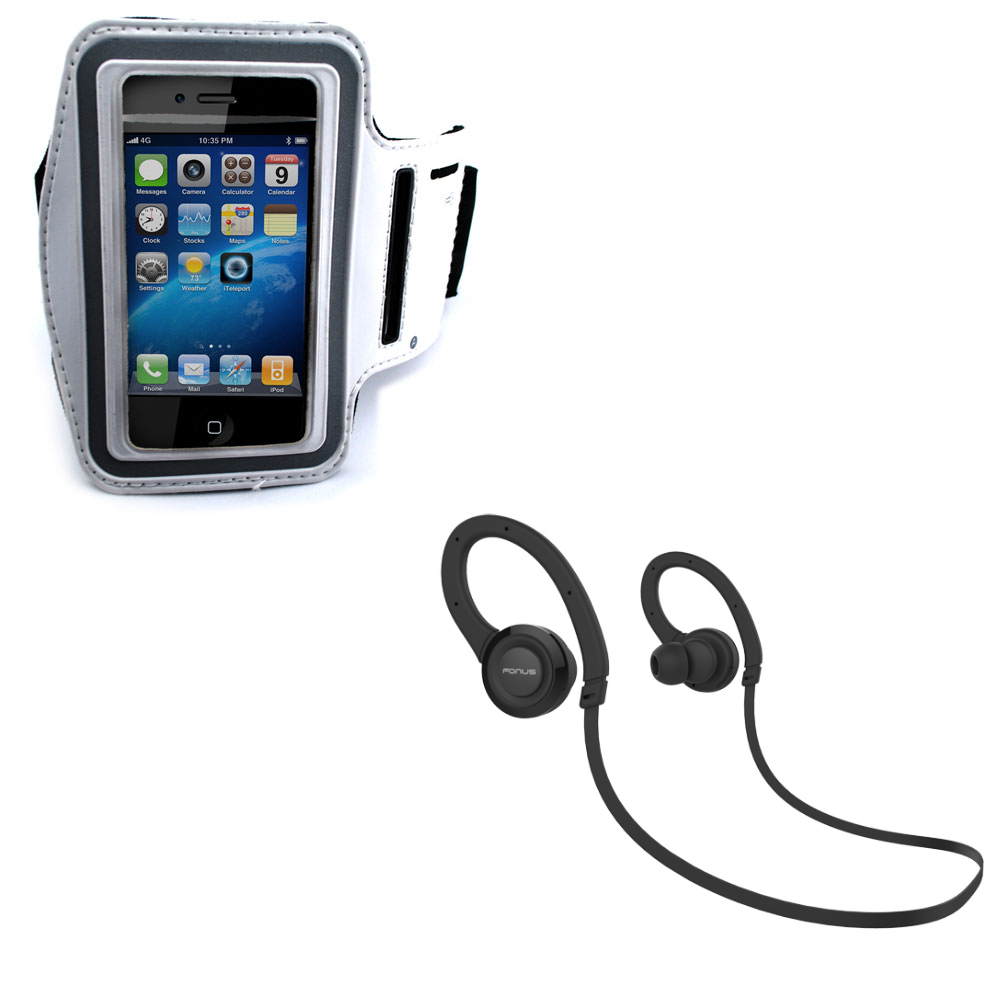 White Premium Gym Exercise Jogging Sports Armband Cover Case + Sweatproof Sports Wireless Headset