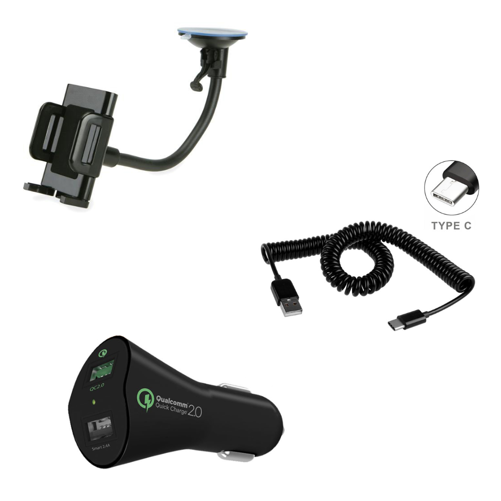 Car Holder with Pouch + BLACK Premium Coiled Type-C Cable Data Sync Wire + 30W 2-Port Adaptive Fast USB Car Charger Quick Charge 2.0 Smart Detect