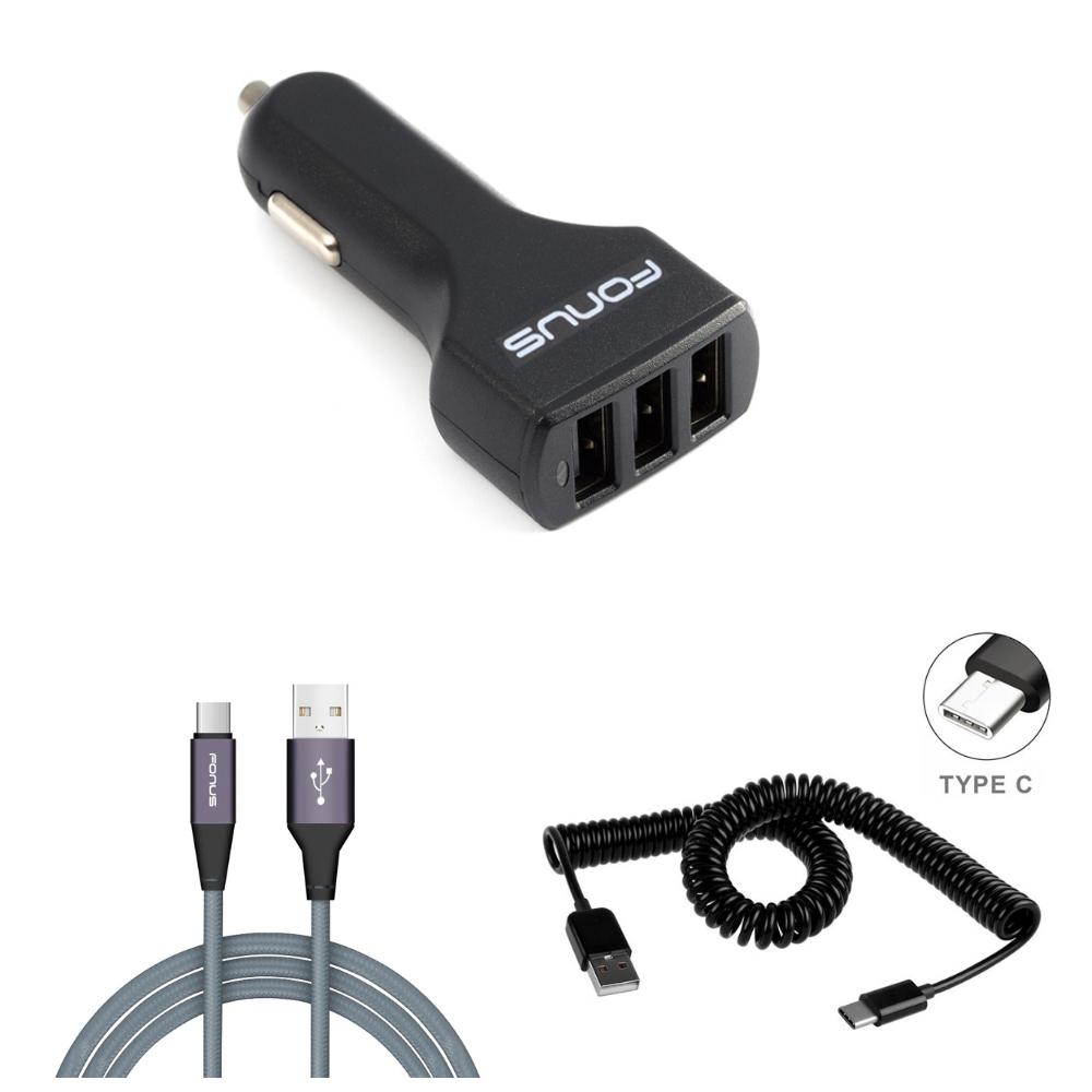 36W 4.8Amp 3-Port USB Rapid Car Charger Power Adapter with Smart Detect + BLACK Premium Coiled Type-C Cable Data Sync Wire + Gray Braided 6ft Type-C USB Data Cable