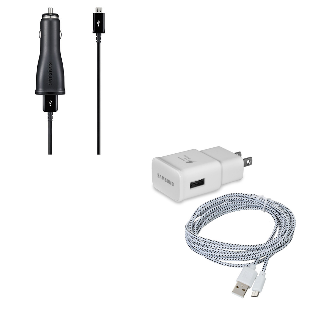 Samsung Adaptive Fast Charger with 6ft Long Micro-USB Cable + Samsung OEM 2amp Car Charger Adapter + USB Cable