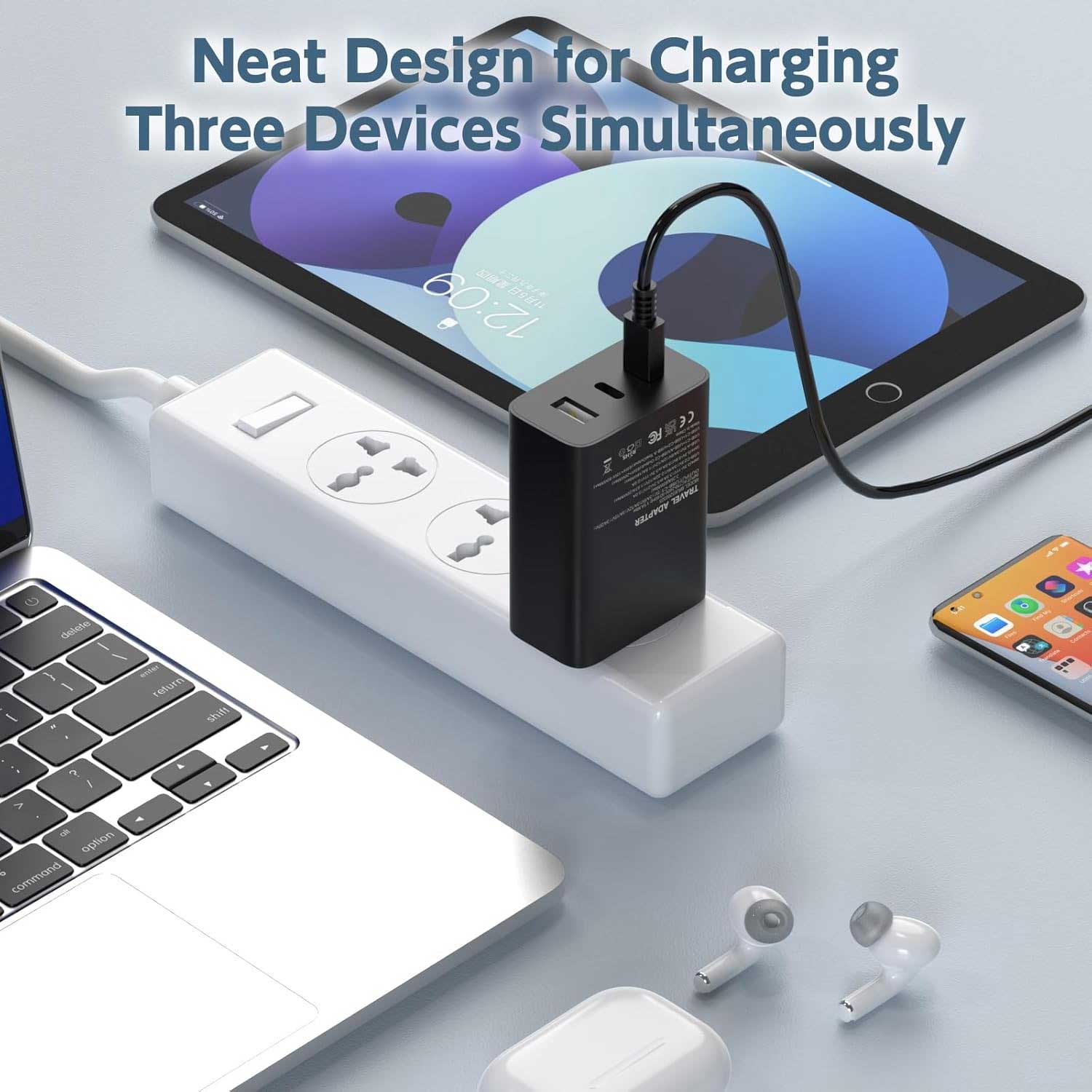 65W Fast Home Wall Charger PD USB-C 6ft Long Cable Type-C Power Cord QC3.0 Adapter 3-Port  - ONL31 2286-3