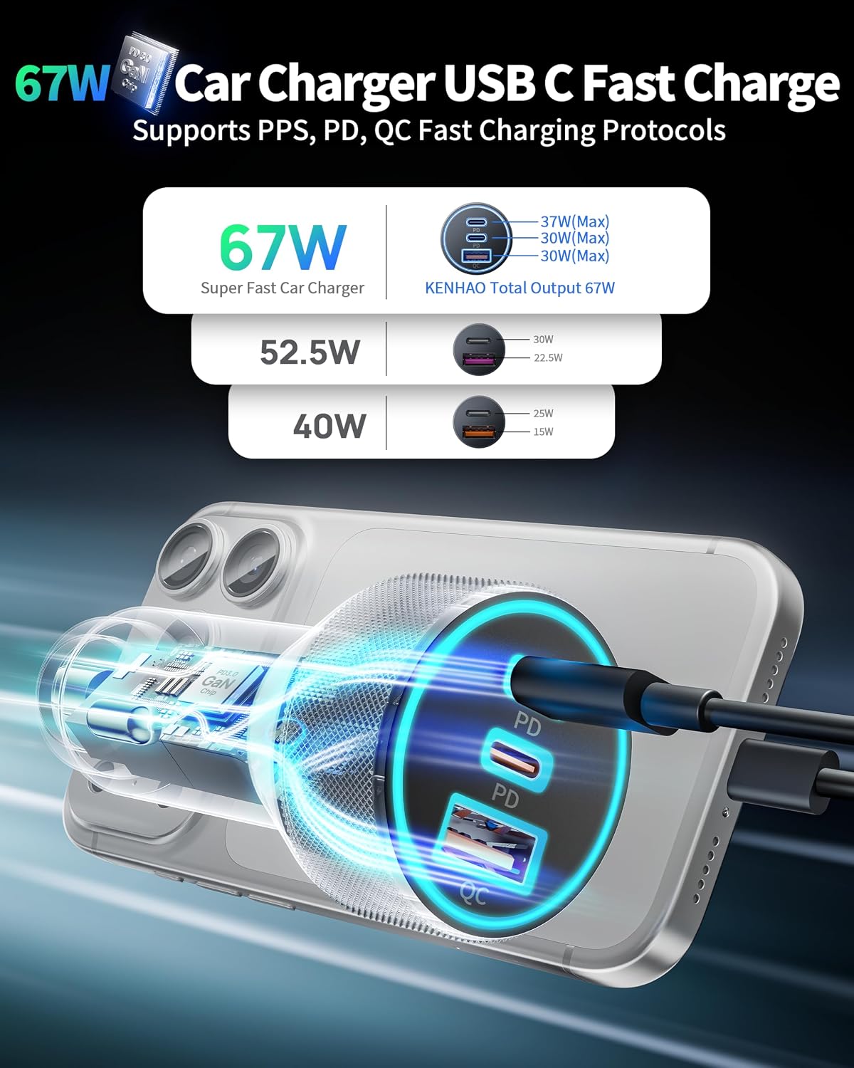  Quick Car Charger  67W 3-Port USB Cable Type-C PD Power Adapter  - ONXW279 2640-2