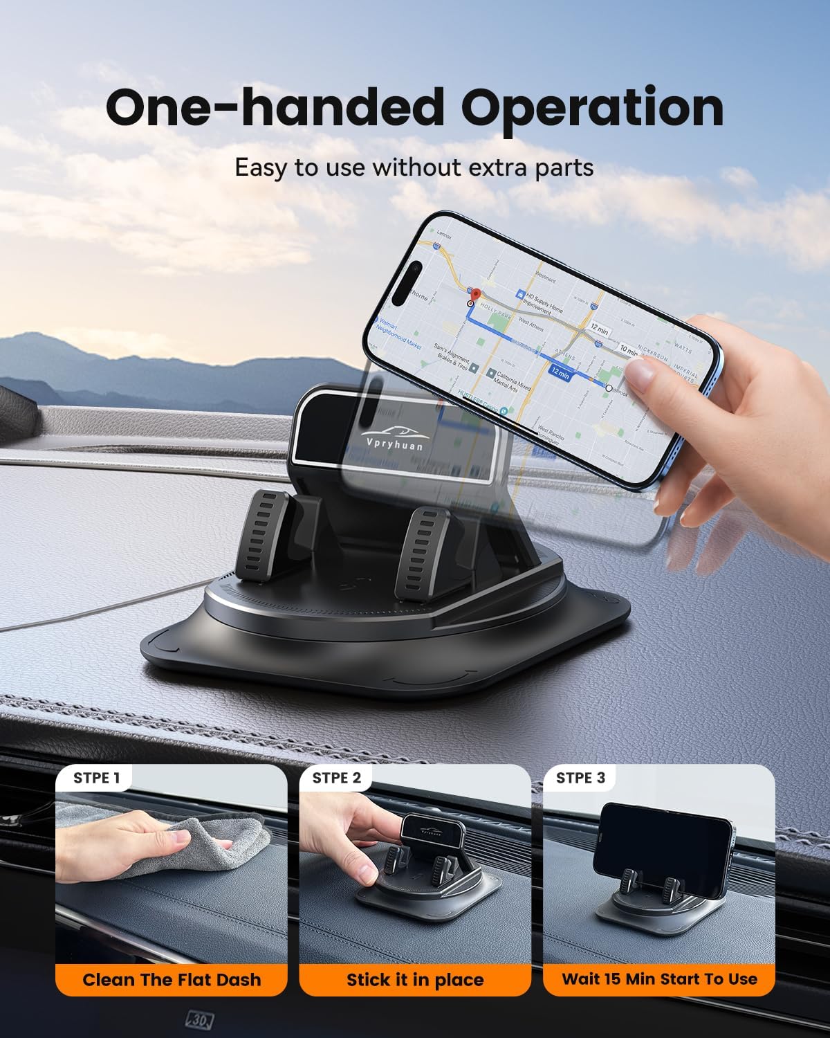 Car Mount Non-Slip 360 Degree Rotation Dashboard Holder One-Hand Operation Adjustable Spring Clip  - ONXW201 2551-4