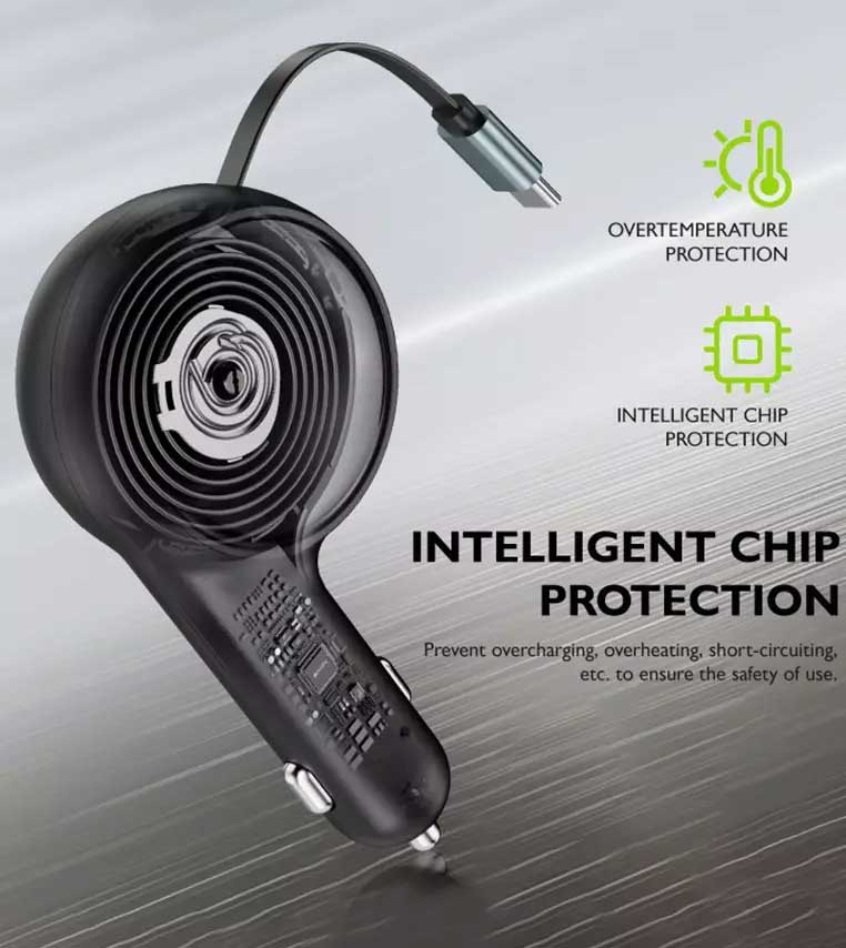 30W Car Charger Retractable 3 Amp Type-C 2-Port USB Fast Charge   - ONK38 2241-3