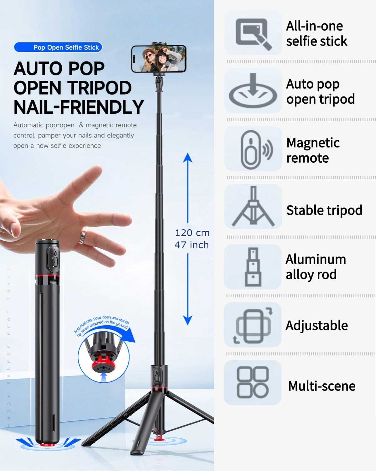 Tripod Selfie Stick Wireless Monopod Remote Shutter Built-in Self-Portrait  - ONV91 2332-2