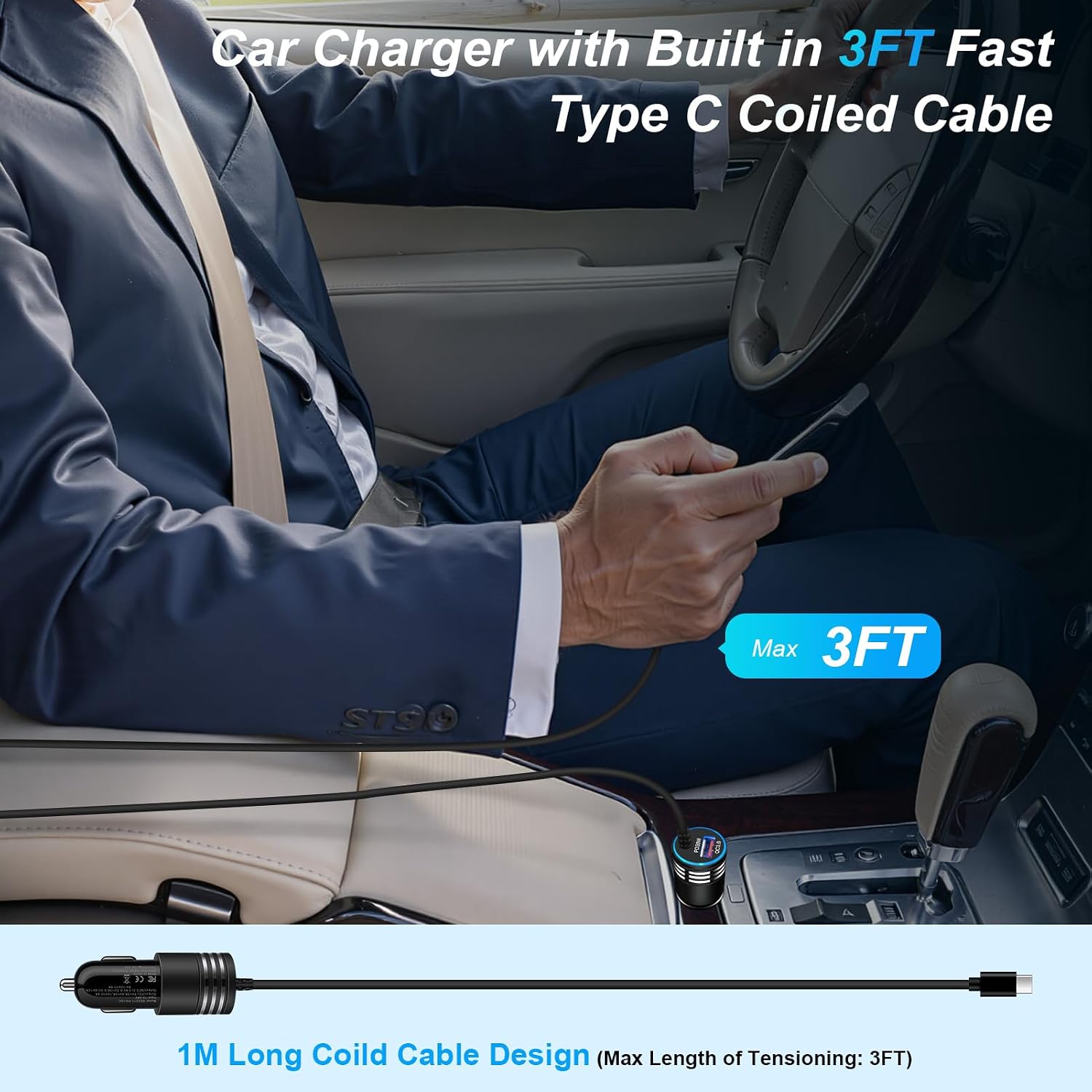 48W Fast Car Charger USB-C Power Adapter Straight Type-C Cable Extra USB Port DC Socket  - ONXW238 2594-6