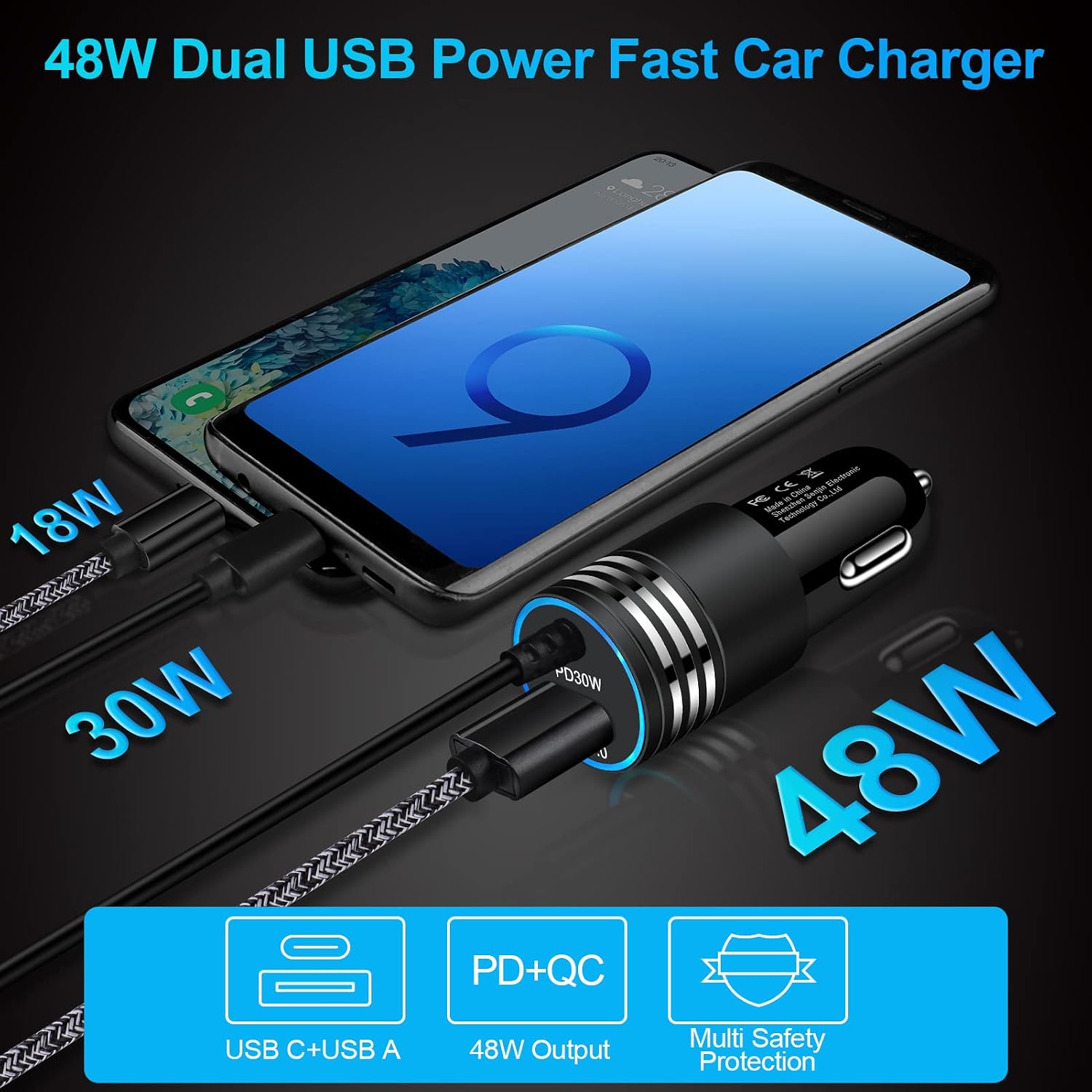 48W Fast Car Charger USB-C Power Adapter Straight Type-C Cable Extra USB Port DC Socket  - ONXW238 2594-3