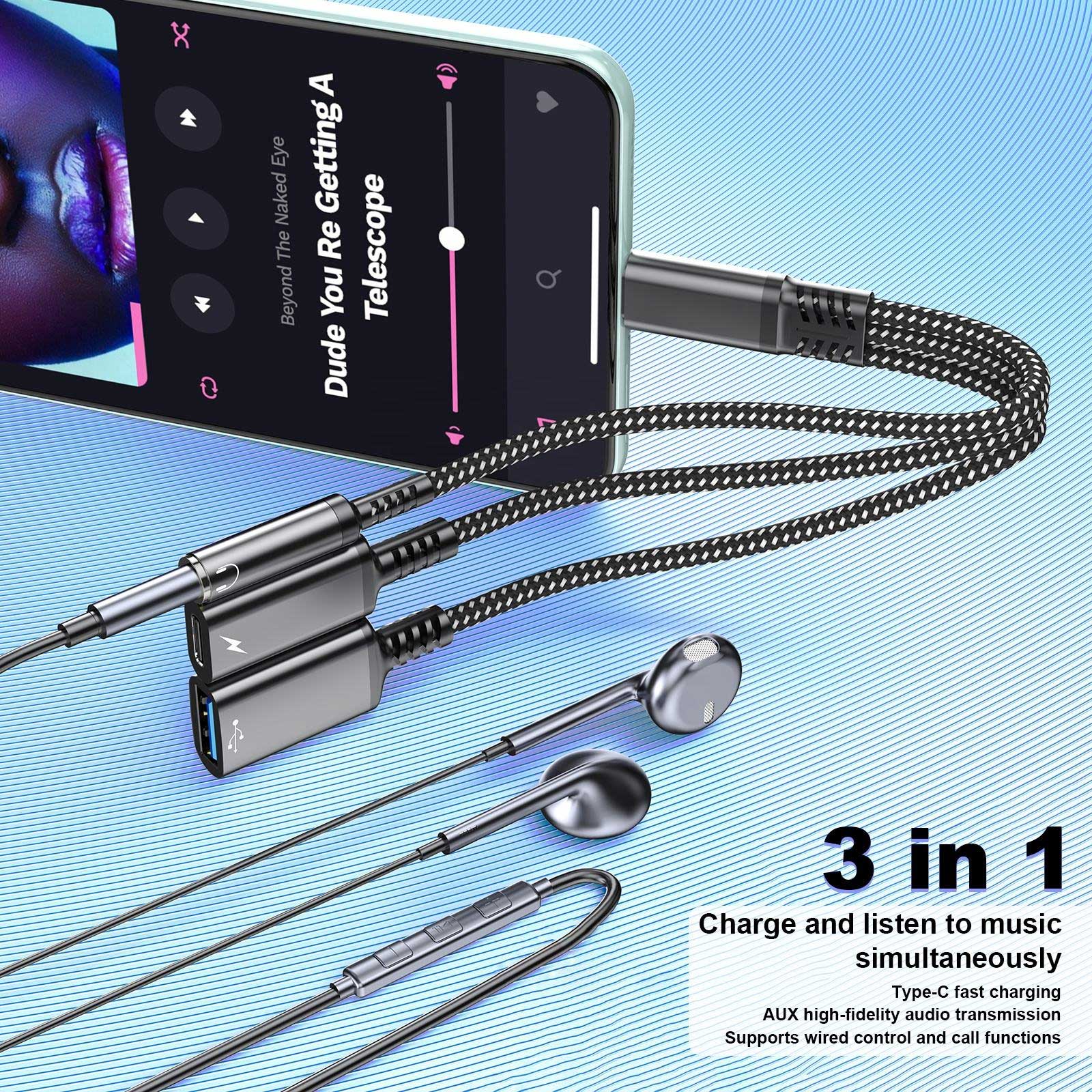 USB-C Earphone Adapter Splitter TYPE-C Charging Port Headphone Audio J ...