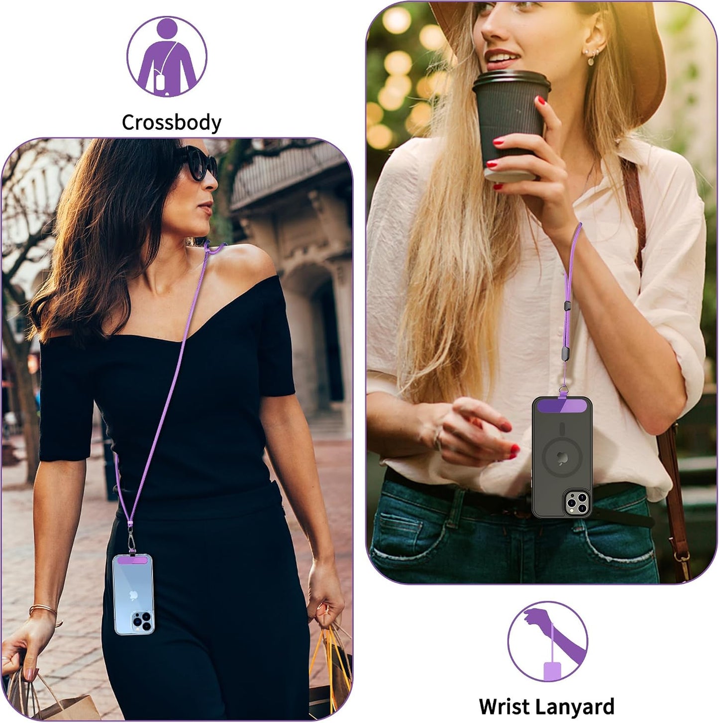 Purple 2 Pack Phone Lanyard  Adjustable Holder 1 Pcs Neck Straps 1 Pcs Wrist Straps For Phone Cases   - ONXW274 2635-5