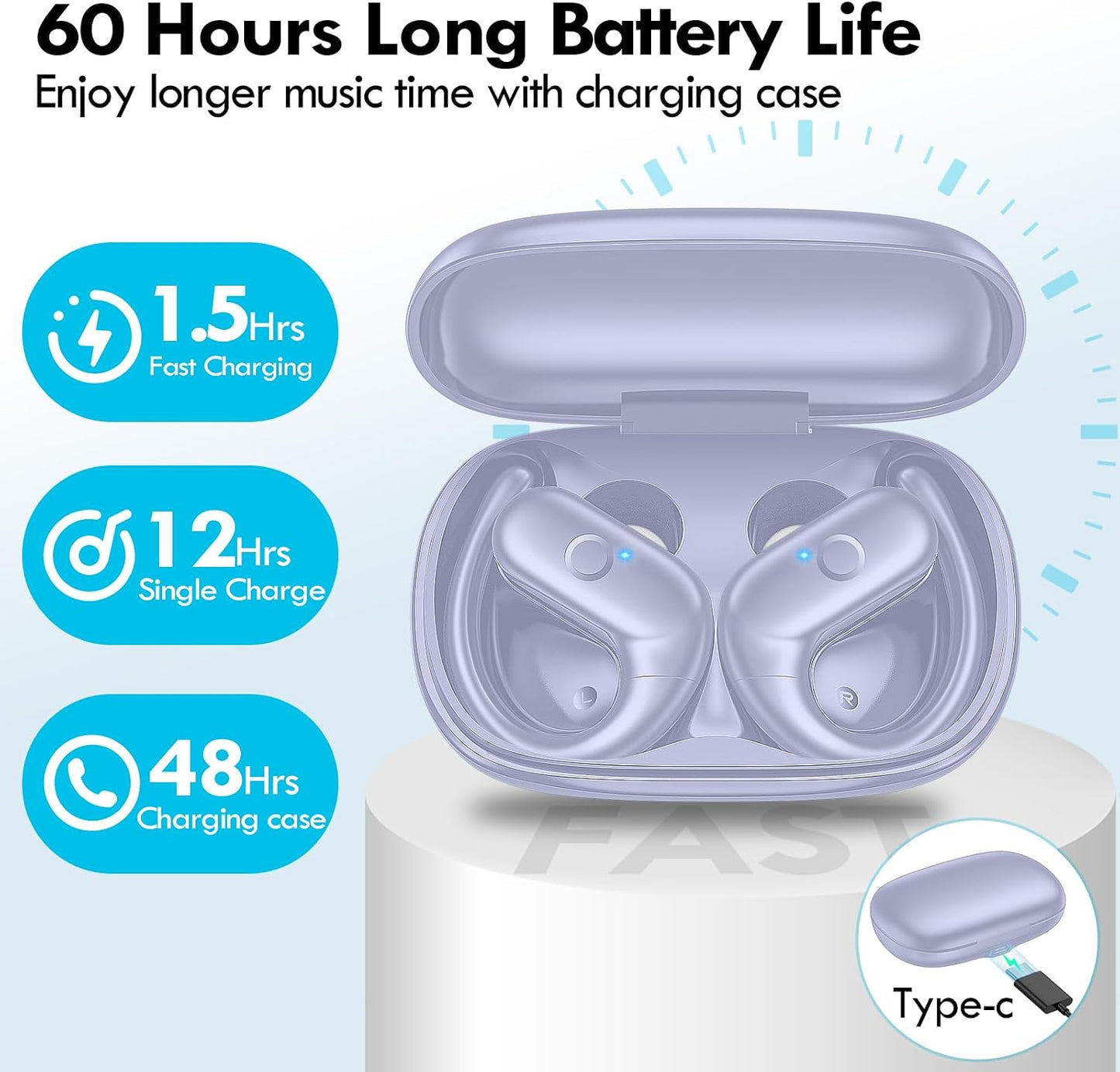 Wireless Ear-hook Earphones Bluetooth Earbuds Over the Ear Headphones True Stereo Charging Case Hands-free  - ONXW143 2492-8