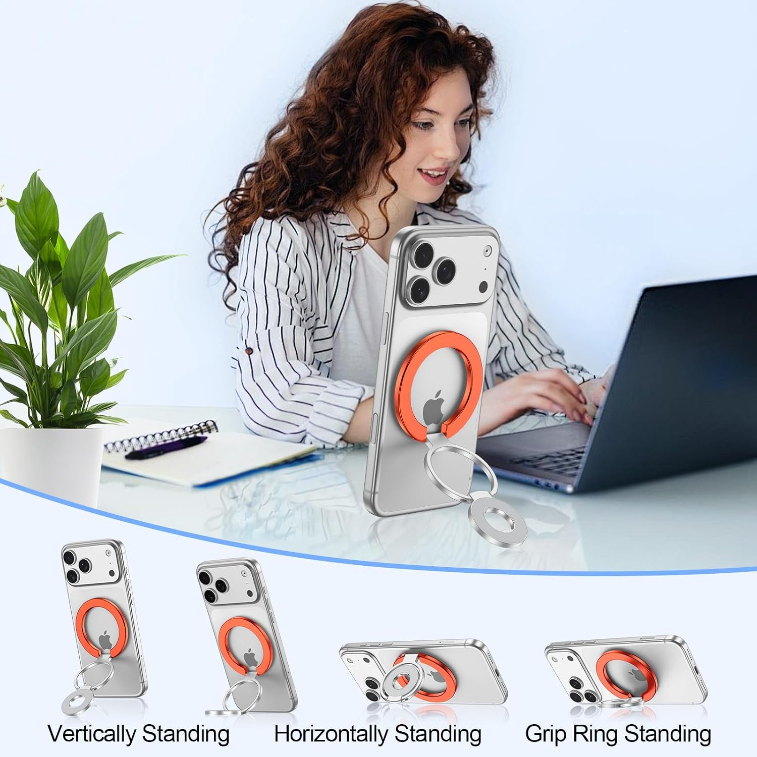 Metal Magnetic Ring Phone Holder  Orange Kickstand Folding Desk Stand  - ONXW219 2569-7