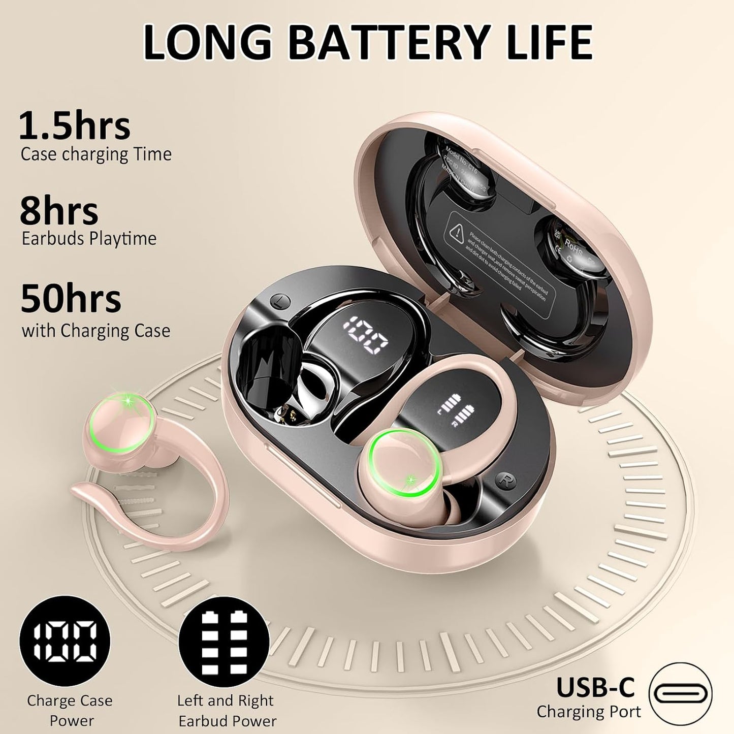 Pink Wireless Ear-hook Earphones Bluetooth Earbuds Over the Ear Headphones True Stereo Charging Case Hands-free  - ONXW267 2628-3