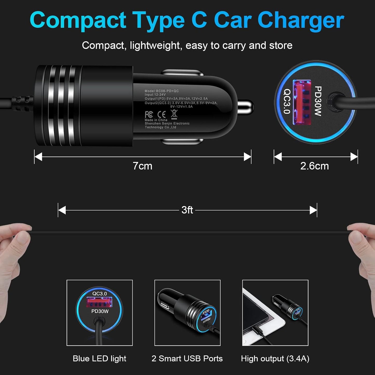 48W Fast Car Charger USB-C Power Adapter Straight Type-C Cable Extra USB Port DC Socket  - ONXW238 2594-5