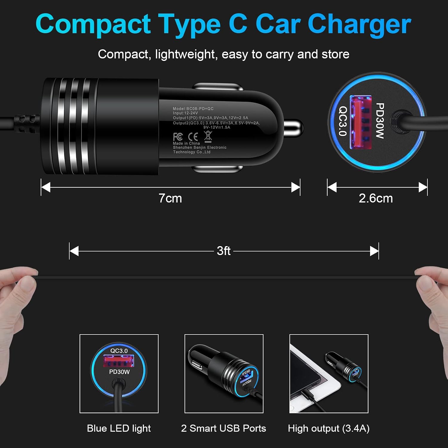 48W Fast Car Charger USB-C Power Adapter Straight Type-C Cable Extra USB Port DC Socket  - ONXW238 2594-5