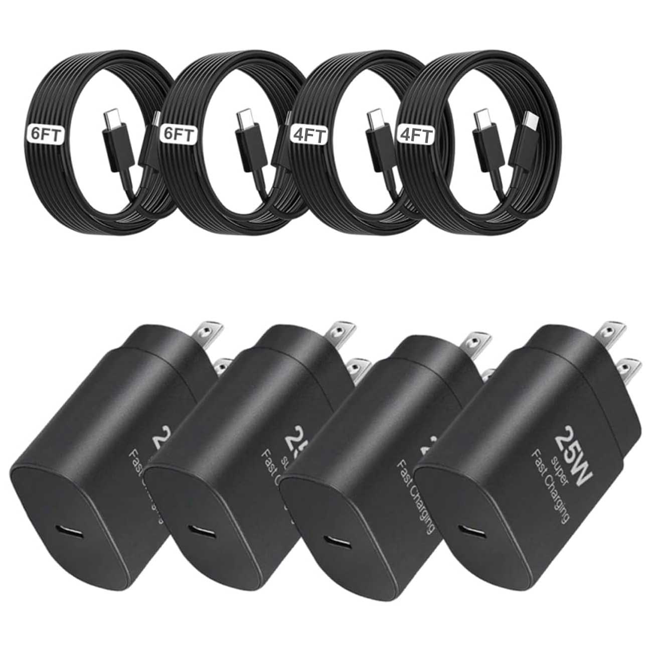 4 Pack 25W Fast Home Charger PD Type-C 2 Pack 6ft and 2 pack 4ft USB-C Cable Quick Power Adapter  - ONXW229 2584-1