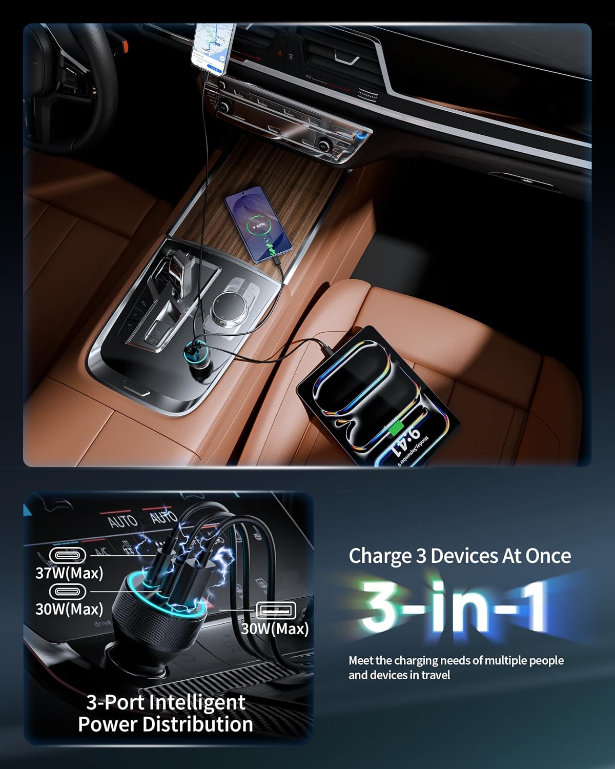  Quick Car Charger  67W 3-Port USB Cable Type-C PD Power Adapter  - ONXW279 2640-4