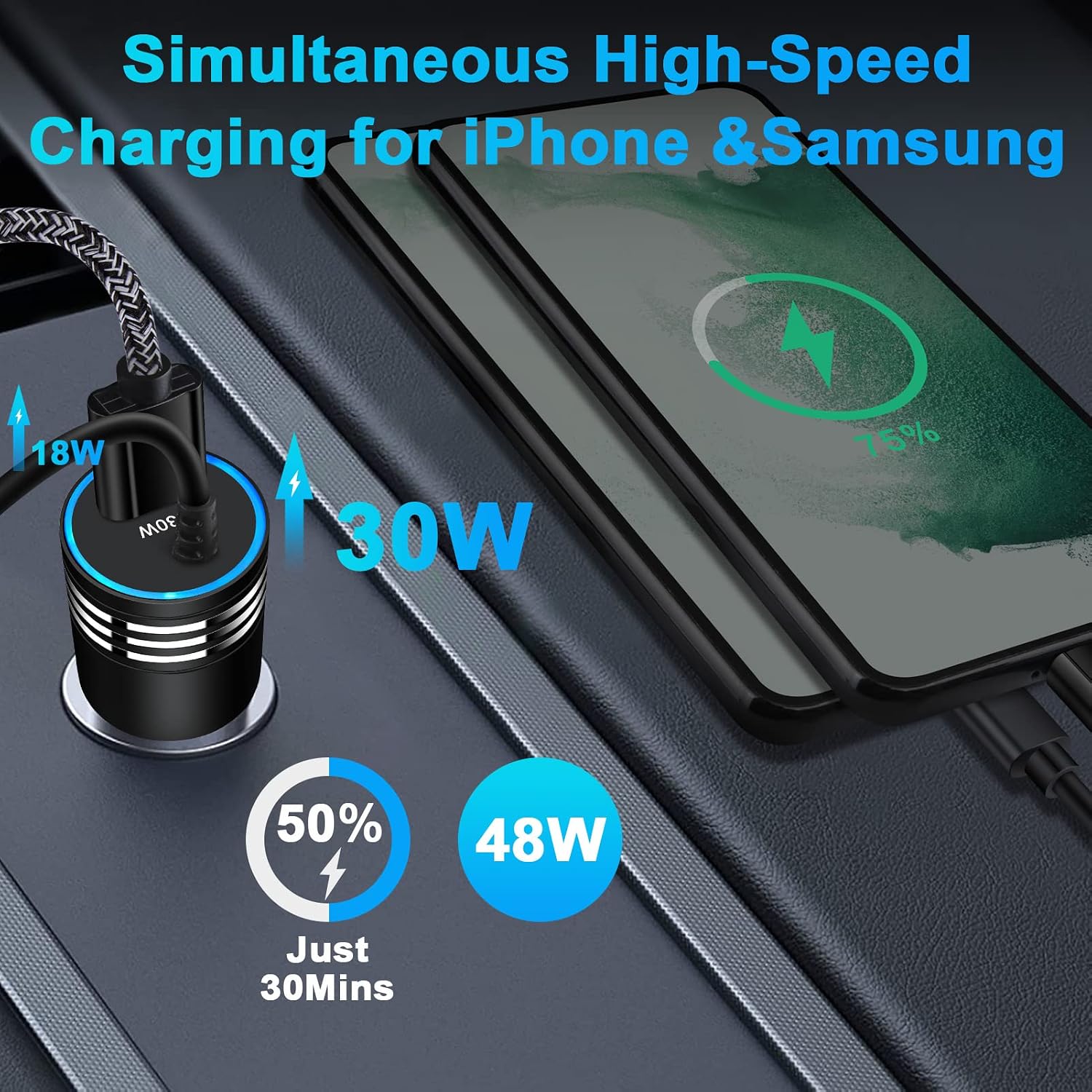 48W Fast Car Charger USB-C Power Adapter Straight Type-C Cable Extra USB Port DC Socket  - ONXW238 2594-2