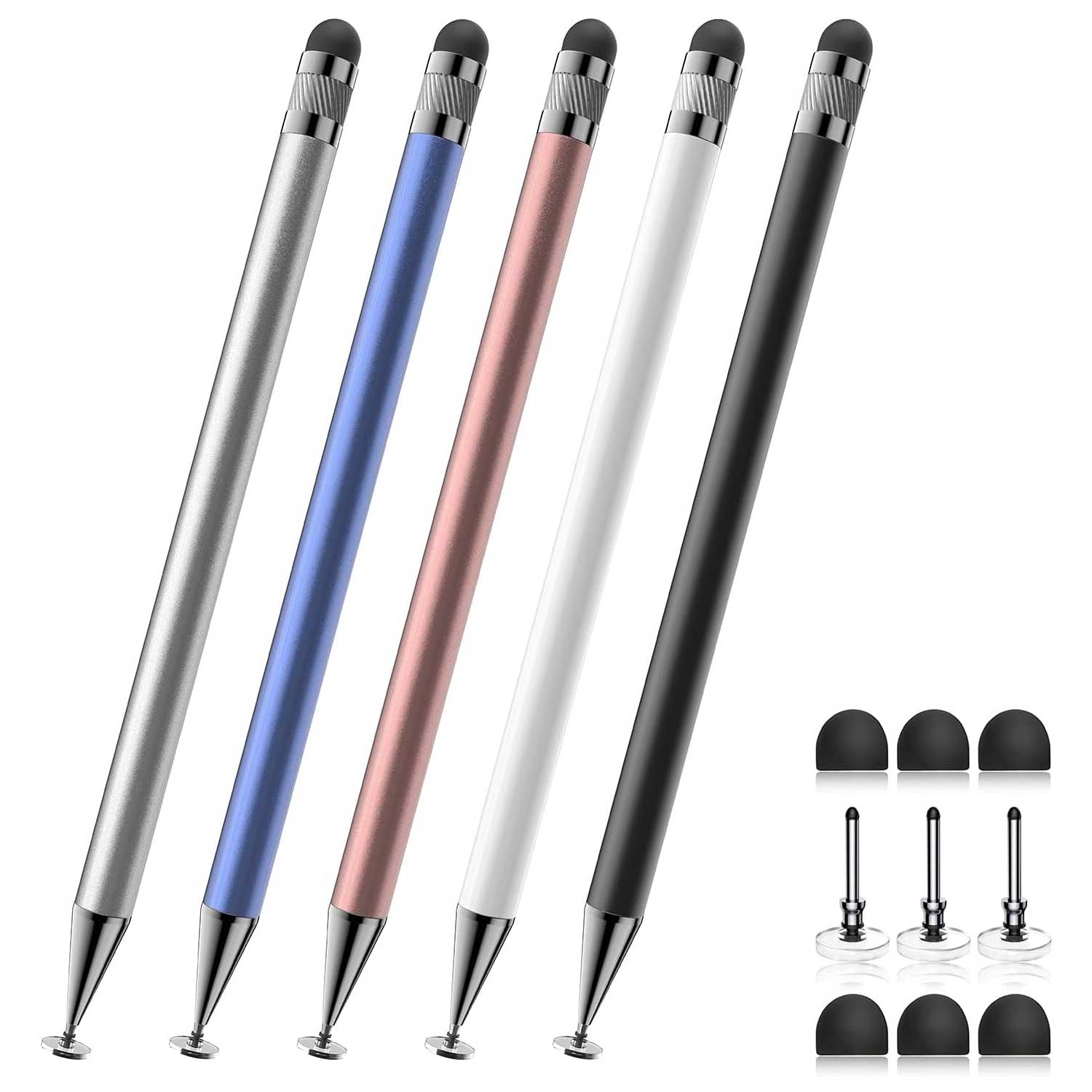 5 Pcs Stylus Touch Screen Pen Silicone Tip Lightweight Alloy Black/White/Rose Gold/Blue/Silver  - ONXW265 2626-1