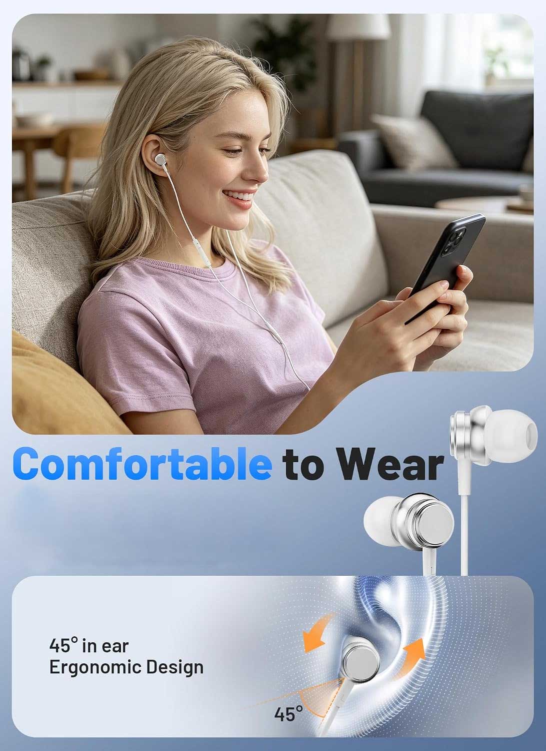 White Wired TYPE-C Earphones USB-C Earbuds Magnetic Headphone w Mic Headset Earpieces  - ONA14 2572-2