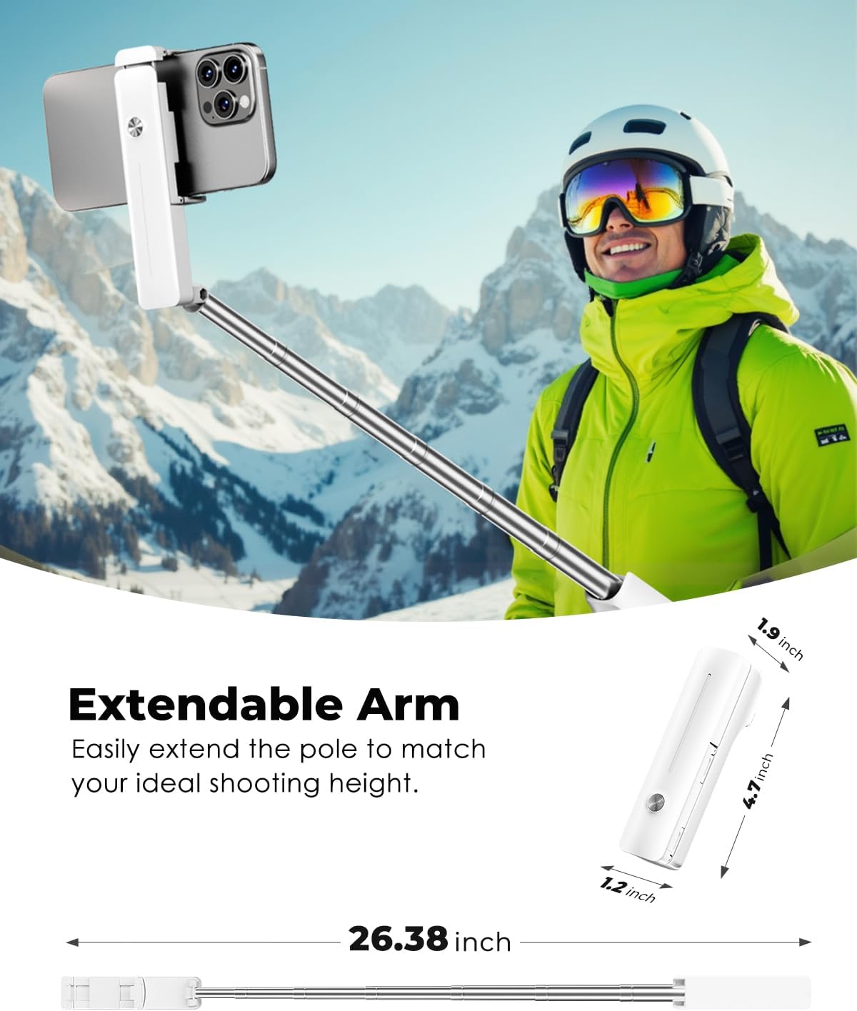 White Selfie Stick  Wireless Built-in Tripod Remote Shutter Self-Portrait Extendable  - ONXW246 2603-3