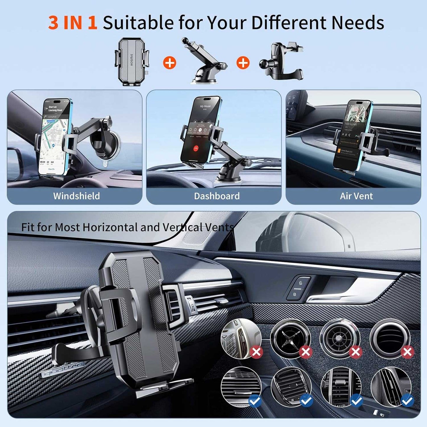 Car Mount Windshield Air Vent Phone Holder Glass Cradle Swivel Dock  - ONXW213 2563-4