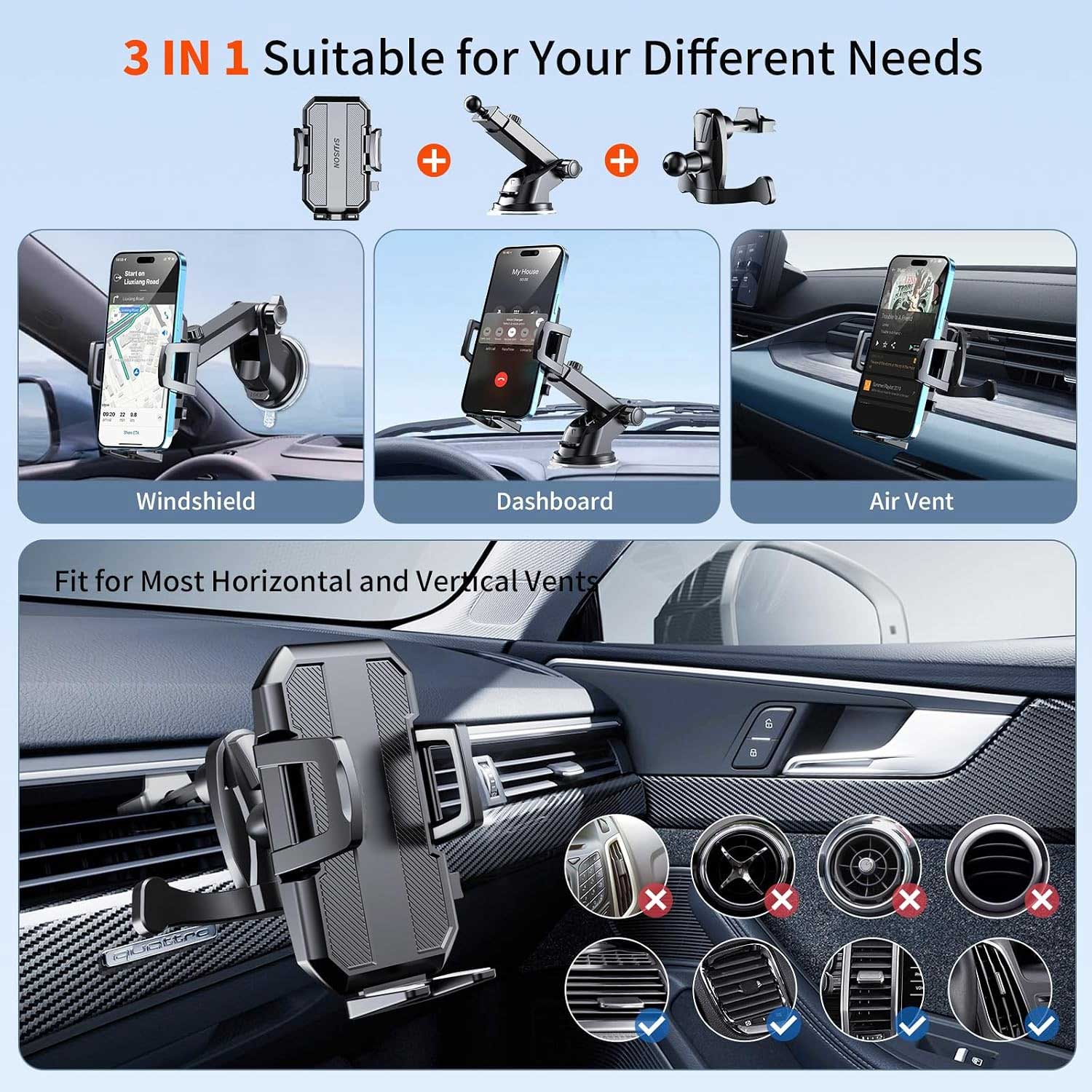 Car Mount Windshield Air Vent Phone Holder Glass Cradle Swivel Dock  - ONXW213 2563-4