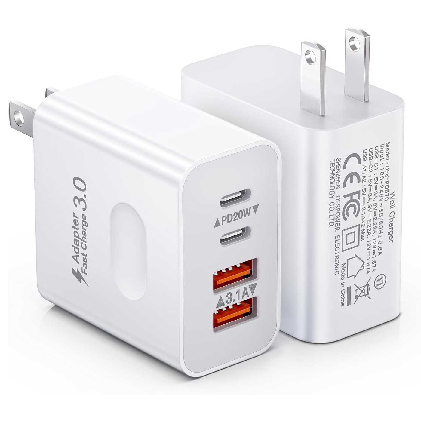 2 Pack 40W Wall Charger  Adaptive Fast Cube 2 USB-C USB Ports Power Adapter Block Home and Travel AC Plug   - ONXW271 2632-1