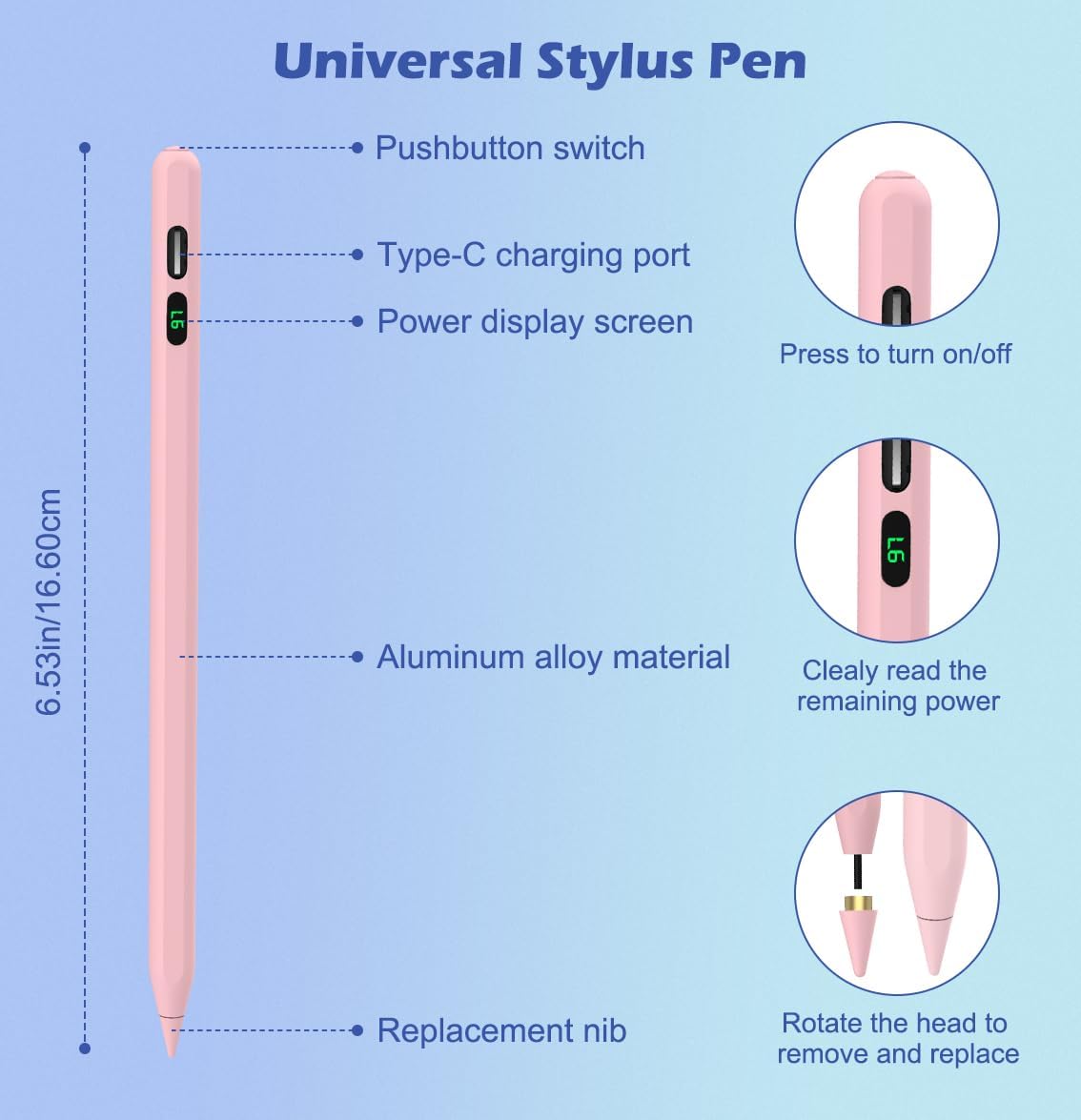 Active Digital Display Stylus Touch Pen Pink Capacitive Rechargeable Palm Rejection  - ONV63 2100-3