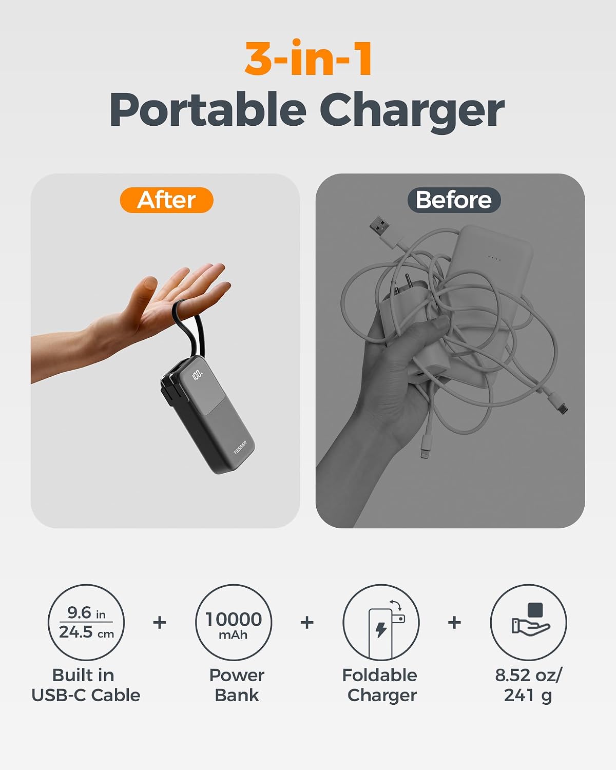 10000mAh Power Bank with AC Wall Plug 30W PD Fast Charge Backup Battery Portable Charger Built-in Cable LED Display  - ONXW282 2644-2