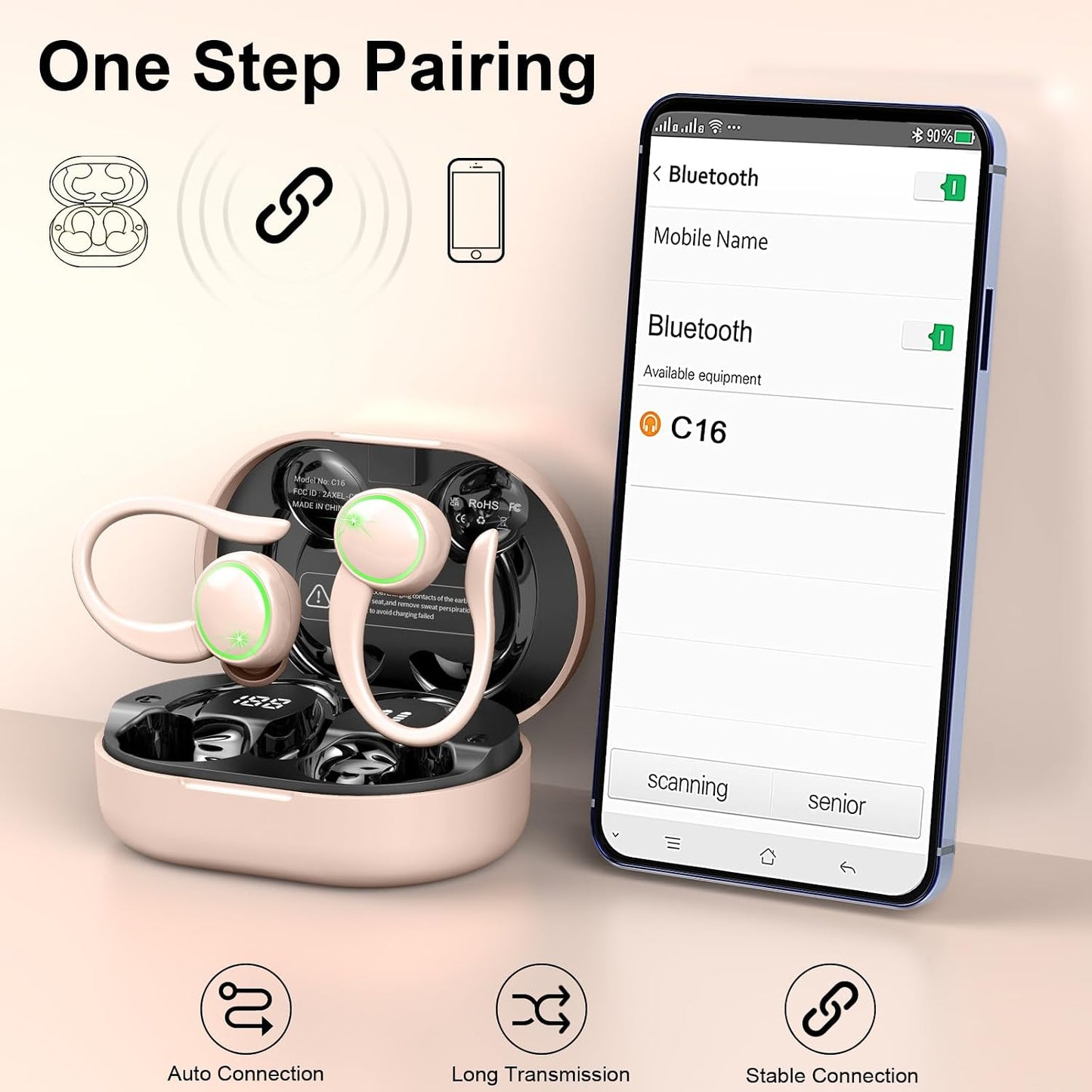 Pink Wireless Ear-hook Earphones Bluetooth Earbuds Over the Ear Headphones True Stereo Charging Case Hands-free  - ONXW267 2628-5